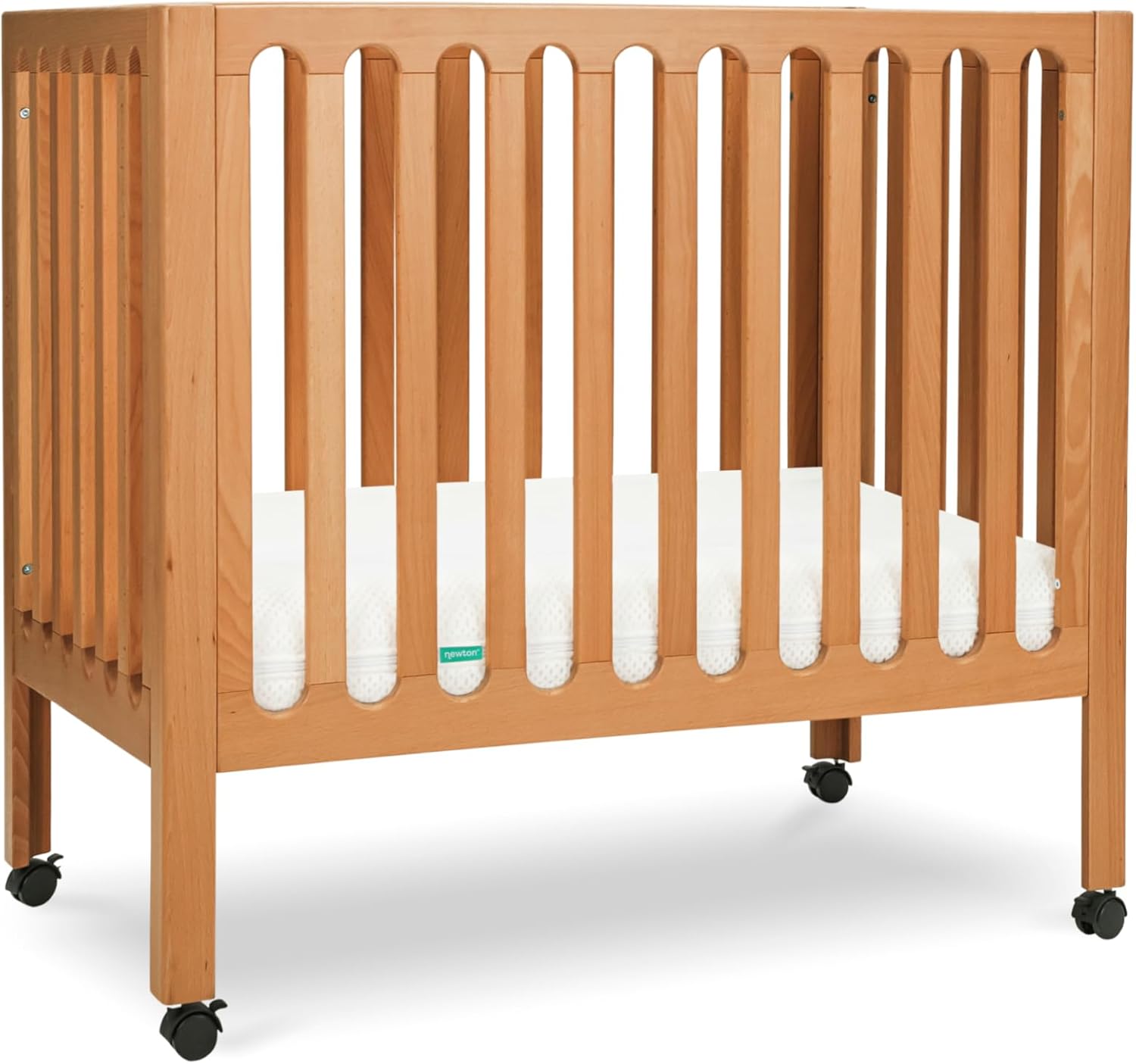 Newton Baby Galileo Mini Crib Solid Beech Wood with Wheels in Chestnut Color, Mini Crib Mattress Included, Adjustable Mattress Height, Ultra-Safe Non-Toxic Finish