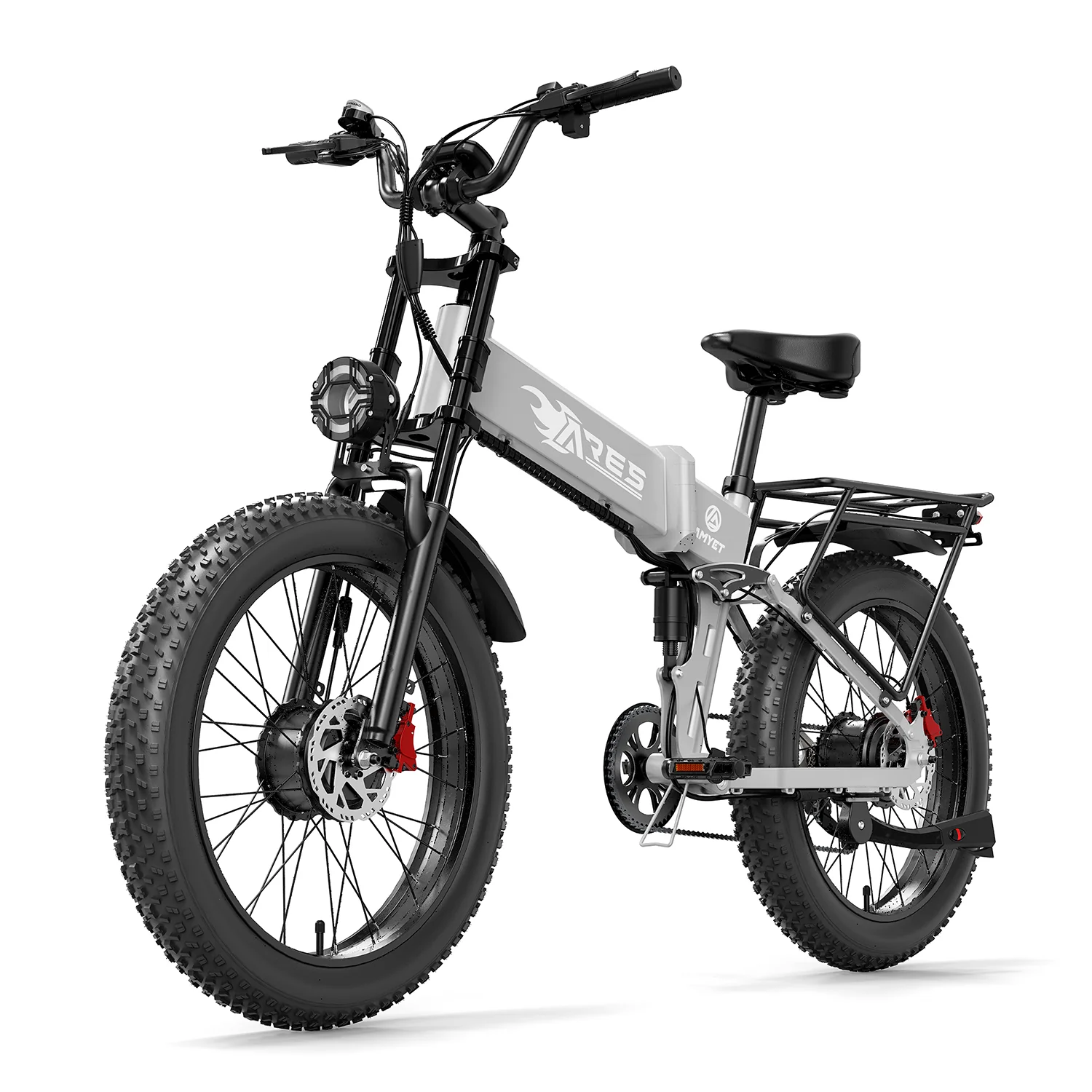 Bicicleta elétrica dobrável de montanha AMYET Ares com motor duplo de 2*1000W, 52V/20Ah - Cinza