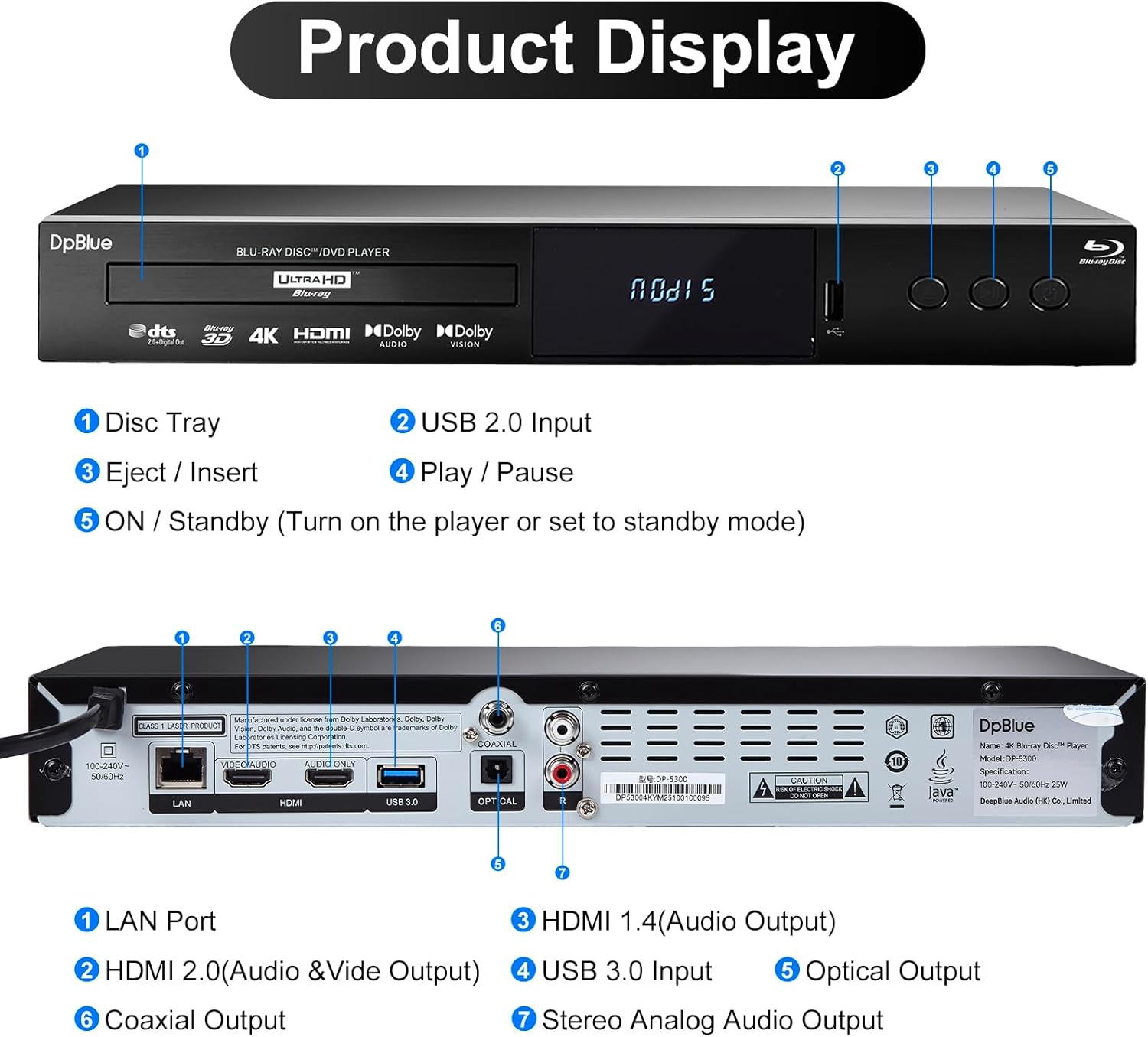 4K UHD Blu-ray Player for TV Projector Support Region A Blu Ray 3D 4K Discs DVDs Twin HDMI Output HDR10 Dolby Vision Dolby Atmos 4K Ultra HD Blu ray DVD Player BT.2020 Color Gamut