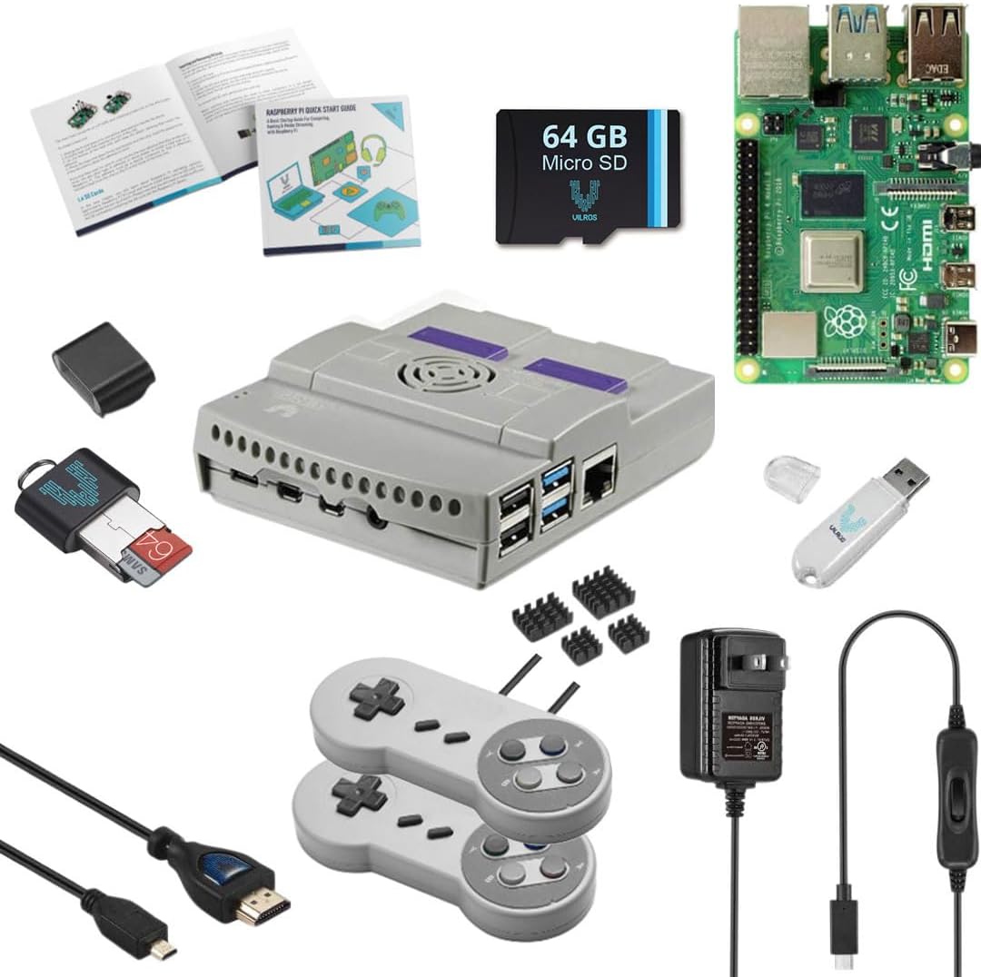 Vilros Raspberry Pi 4 4GB Retro Gaming Kit with 2 USB Gamepad Controllers & Gaming Style Case, 64GB Micro SD Card, HDMI Cable, Power Supply, and Quickstart Guide (Retro Game System)