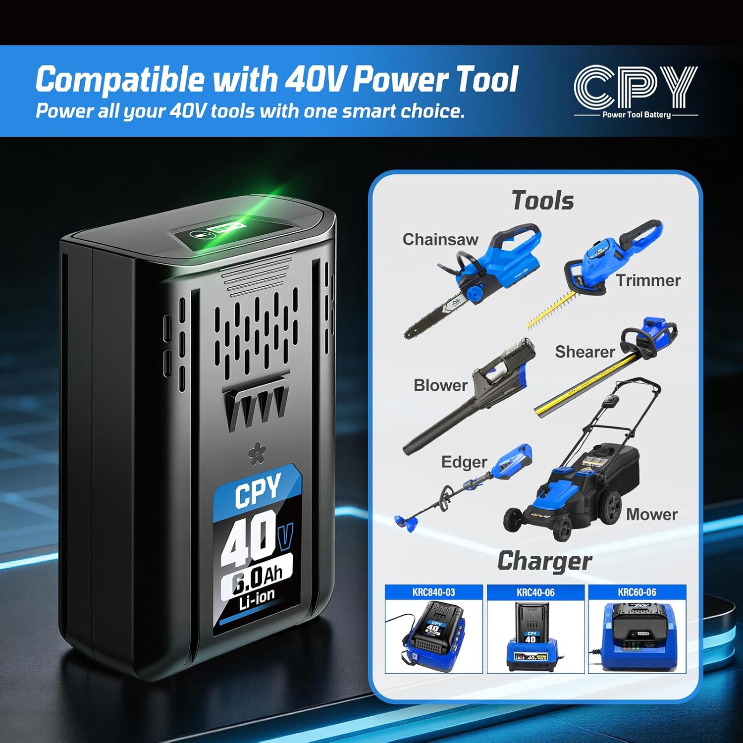 CPY Replacement for Kobalt 40V Battery 6.0Ah and Charger, Lithium Ion 40V MAX Battery and Charger Compatible with KB540-06, KB440-06 KB240-06, KB2540C-06 for Cordless Power Tool Lawn Mower