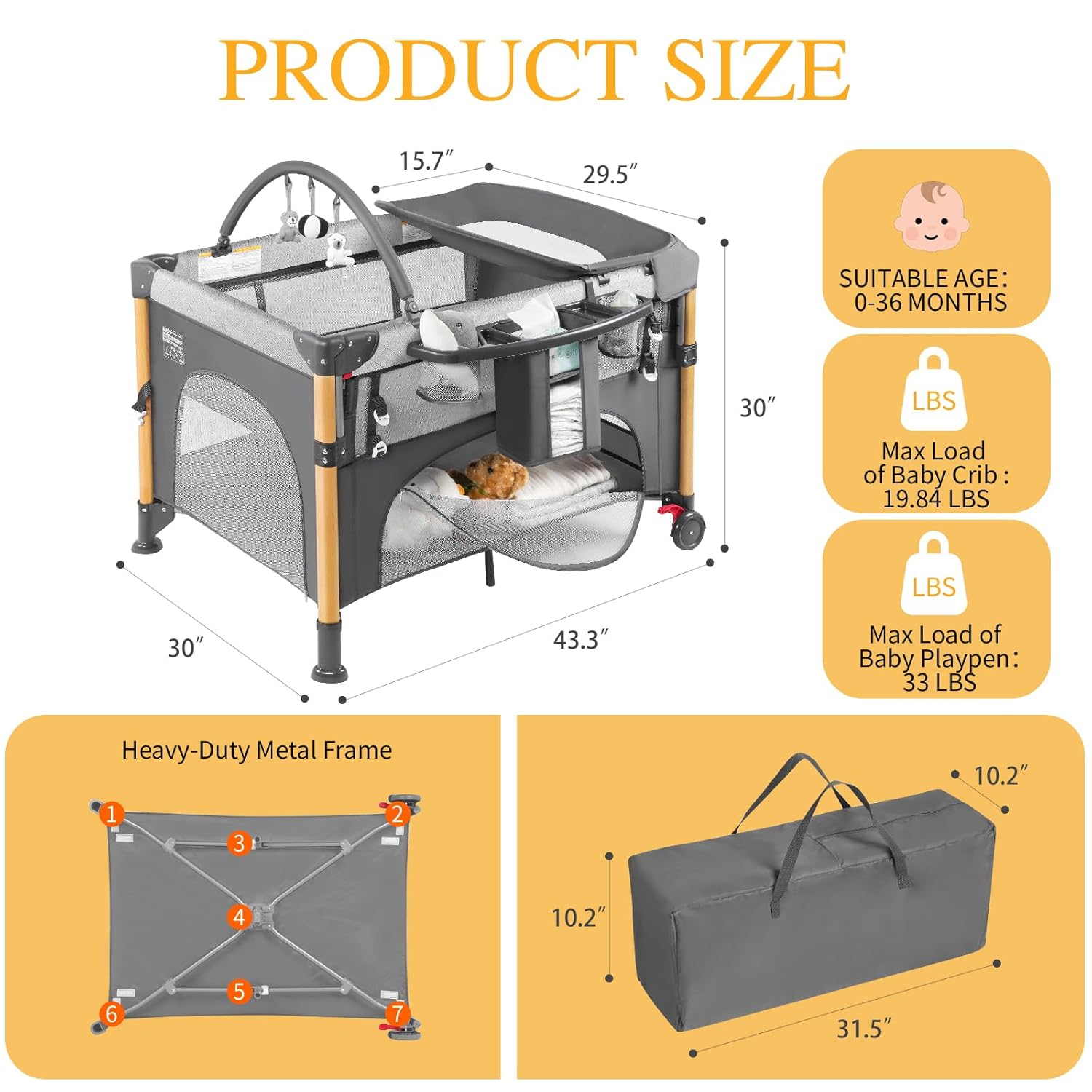 Baby Bassinet Bedside Crib with One-Hand Setup 5-in-1 Foldable Pack n Play for Travel, Portable Baby Bassinet with Diaper Changer & Adjustable Mattress for Newborn to Toddler (Grey)