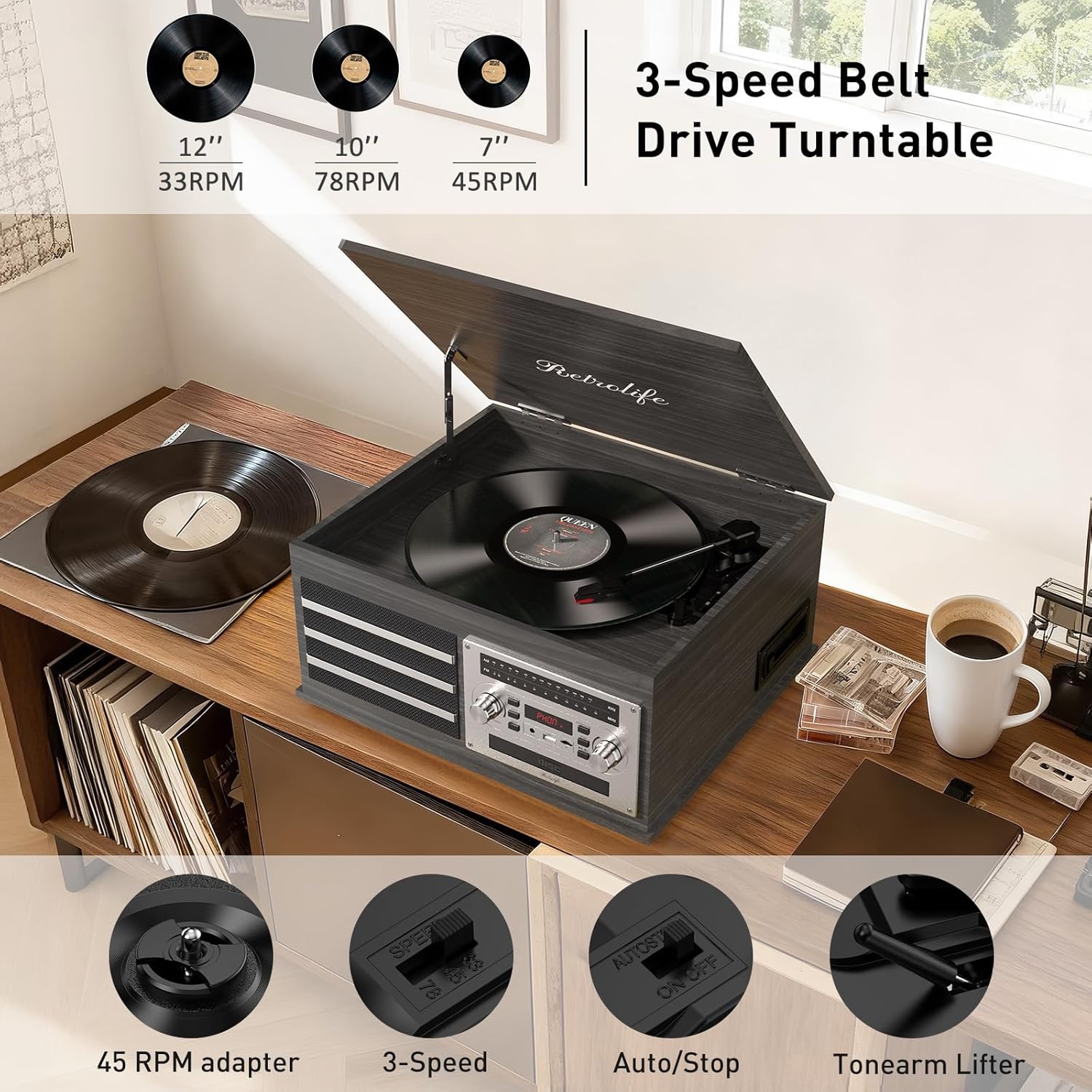 Vinyl Record Player 10-in-1 Music Center Turntable Built-in Speakers Support 3 Speed BT Wireless Input/Output AM/FM Radio CD Tape Cassette Player Aux RCA Auto Stop Vinyl Recording to USB/TF Card Black