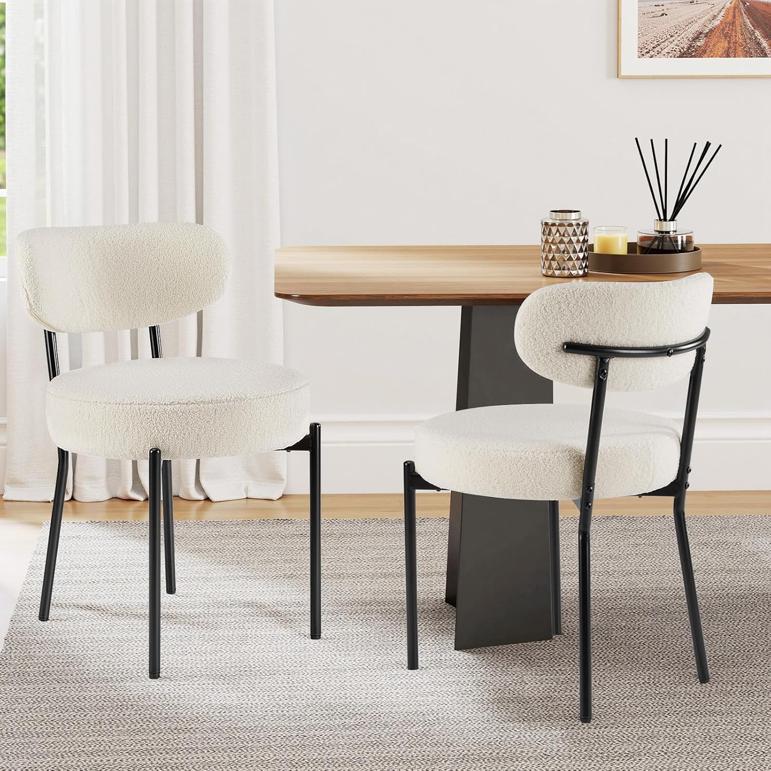 Sweetcrispy Dining Chairs Set of 2, Boucle Upholstered Modern Mid Century Round Kitchen Chairs with Curved Backrest & Metal Legs for Vanity, Living Room - Beige