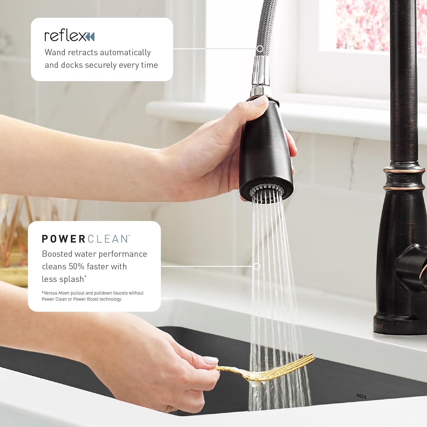 Moen Noell Mediterranean Bronze Pull‑Down Kitchen Faucet with Soap Dispenser, Featuring PowerClean and a Reflex Docking System, 87791BRB
