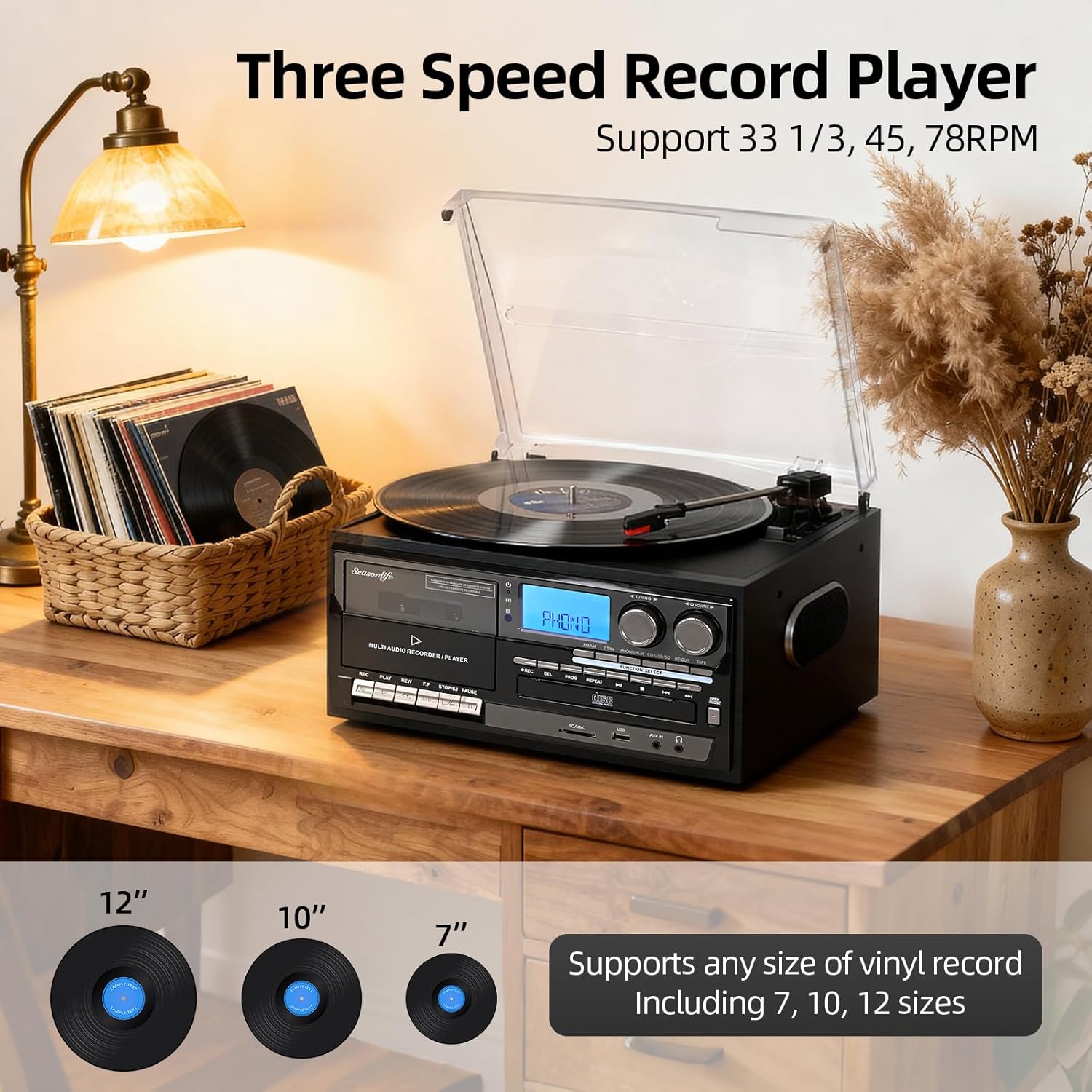 Vinyl Record Player Built-in Speakers 10 in 1 Vintage Turntable with CD Cassette Tape AM FM Radio Function 3 Speed BT Input Output LP Player Support USB SD AUX RCA Playback Auto Stop Retro Wood Black