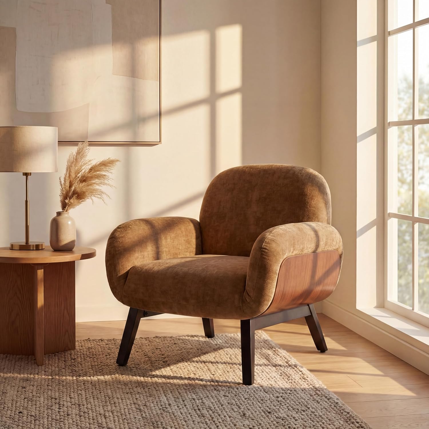 Merax Upholstered Accent Chair with Solid Wood Frame, Curved Backrest Armchair, Comfortable Lounge Chair for Living Room, Bedroom, Reading Corner, Tan