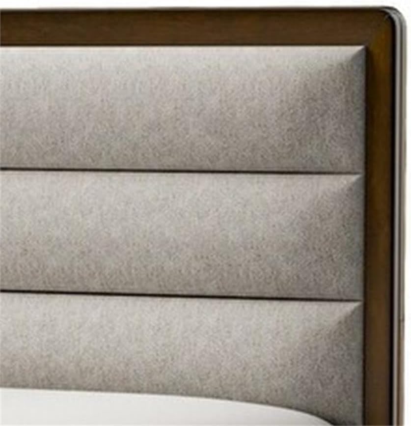 Pemberly Row Queen Bed with Channel Tufted Headboard, Light Gray Upholstered Fabric, Solid Wood Frame in Warm Brown, Sturdy Bracketed Legs, Includes Headboard, Footboard, Side Rails, Transitional
