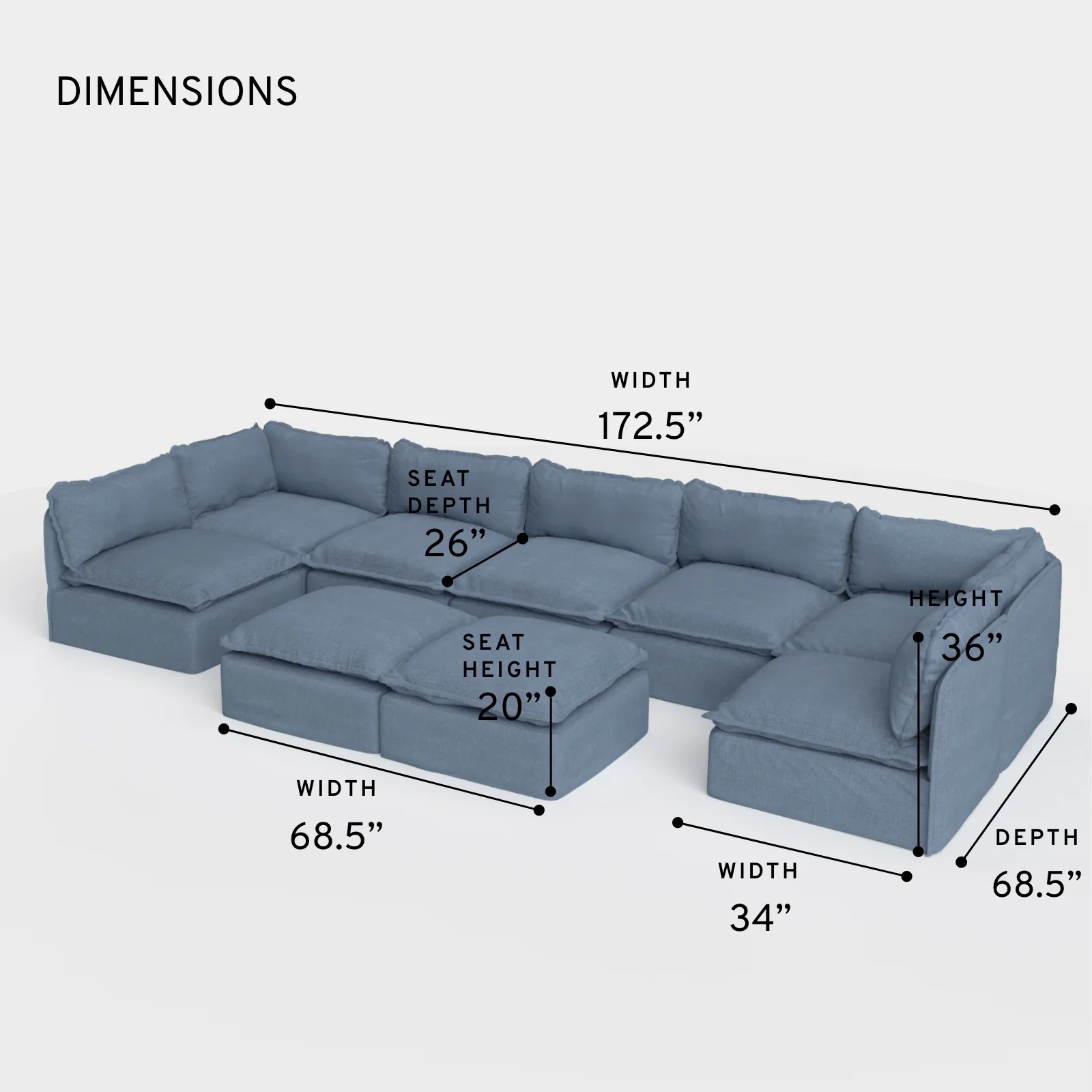 Modular Outdoor Washable 7-Seater Open-Ends U-Sectional + Bench Ottoman | Classic Canvas in Ocean