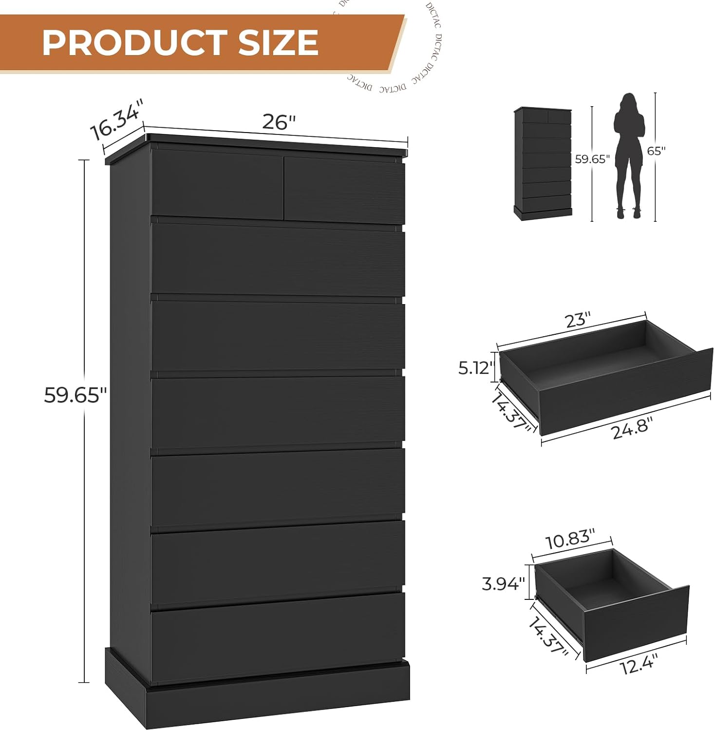 DICTAC Black Tall Dresser for Bedroom with 8 Drawers, 59.6