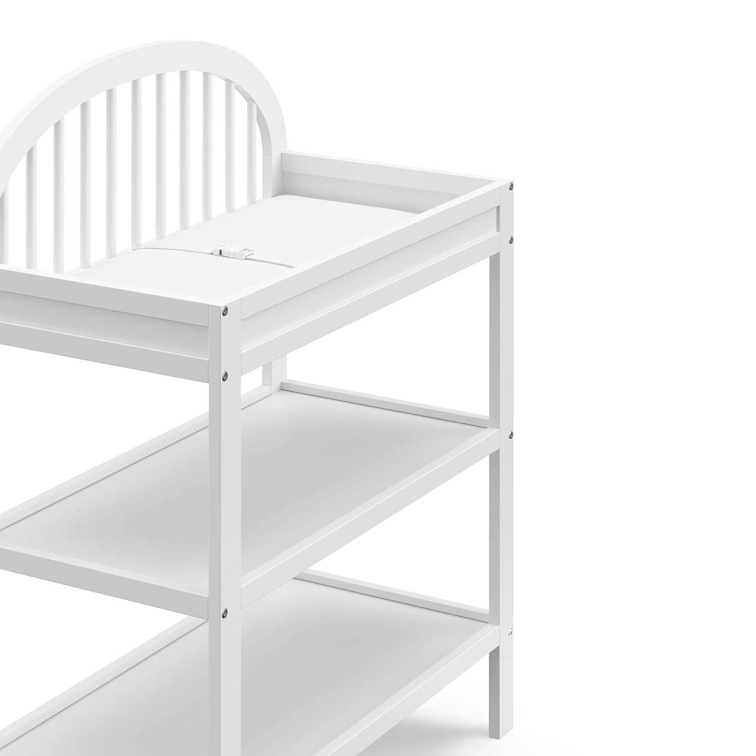 Graco Olivia Changing Table with Water-Resistant Changing Pad (White) - GREENGUARD Gold Certified, Includes Bonus Water-Resistant Changing Pad with Safety Strap, 2 Open Shelves, Stylish Design