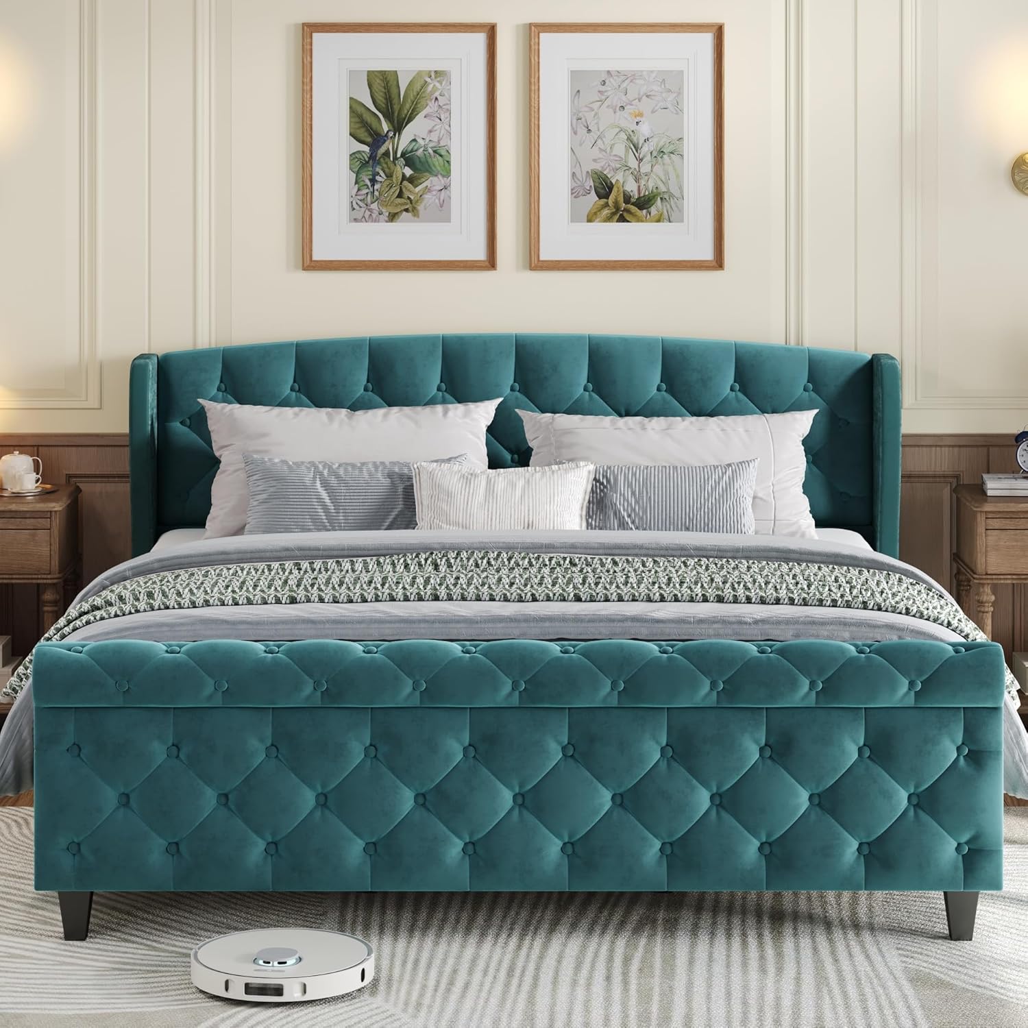 Christopher Knight Home Elley Velvet Upholstered King Size Bed Frame with Wingback Headboard, Modern King Bed Frame and Headboard, Wooden Slats, Easy Assembly, No Box Spring Needed, Turquoise Green
