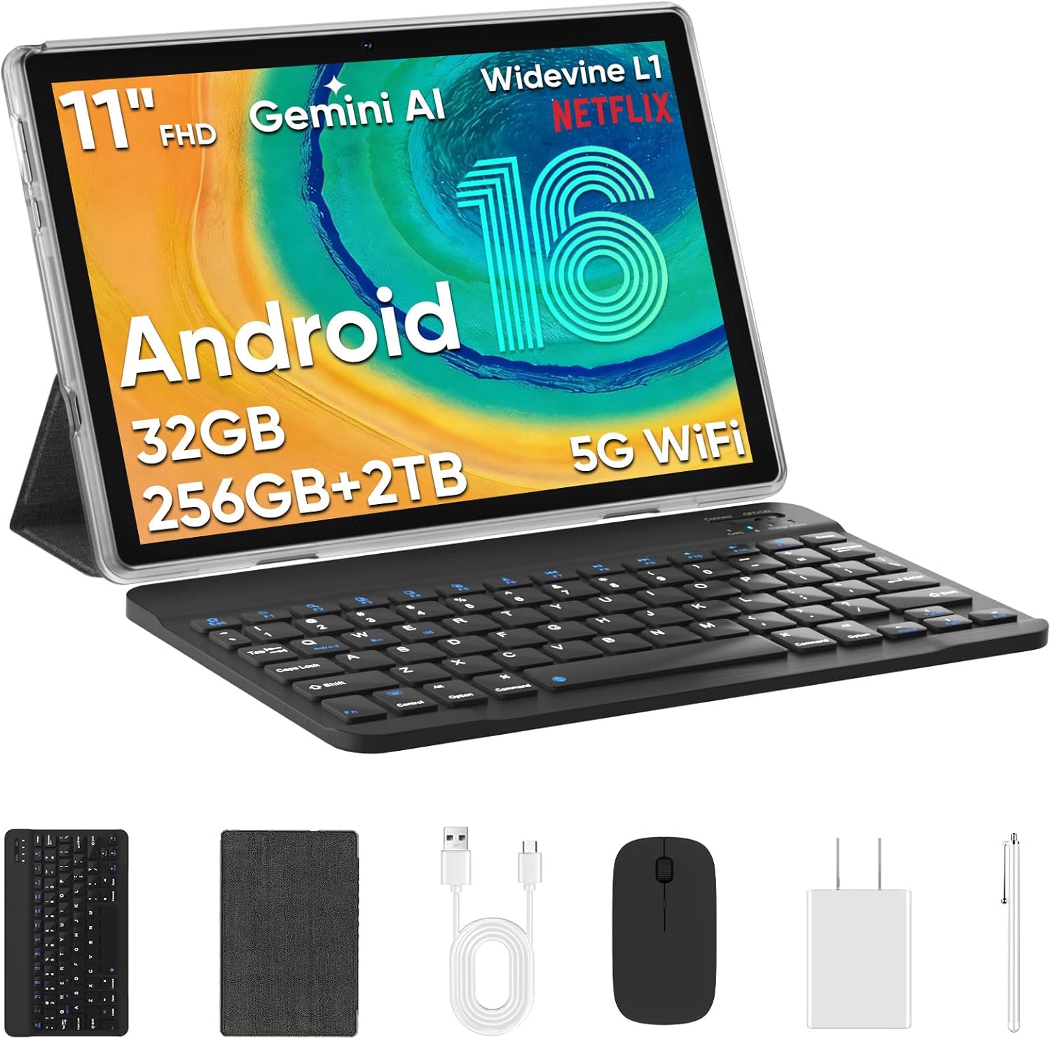 Tablet 11 Inch, Android 16, 32GB RAM+256GB Octa-Core, 8000mAh Battery, 1280 * 800 Touch Screen, 5+8MP Dual HD Camera (Black Case and Keyboard)