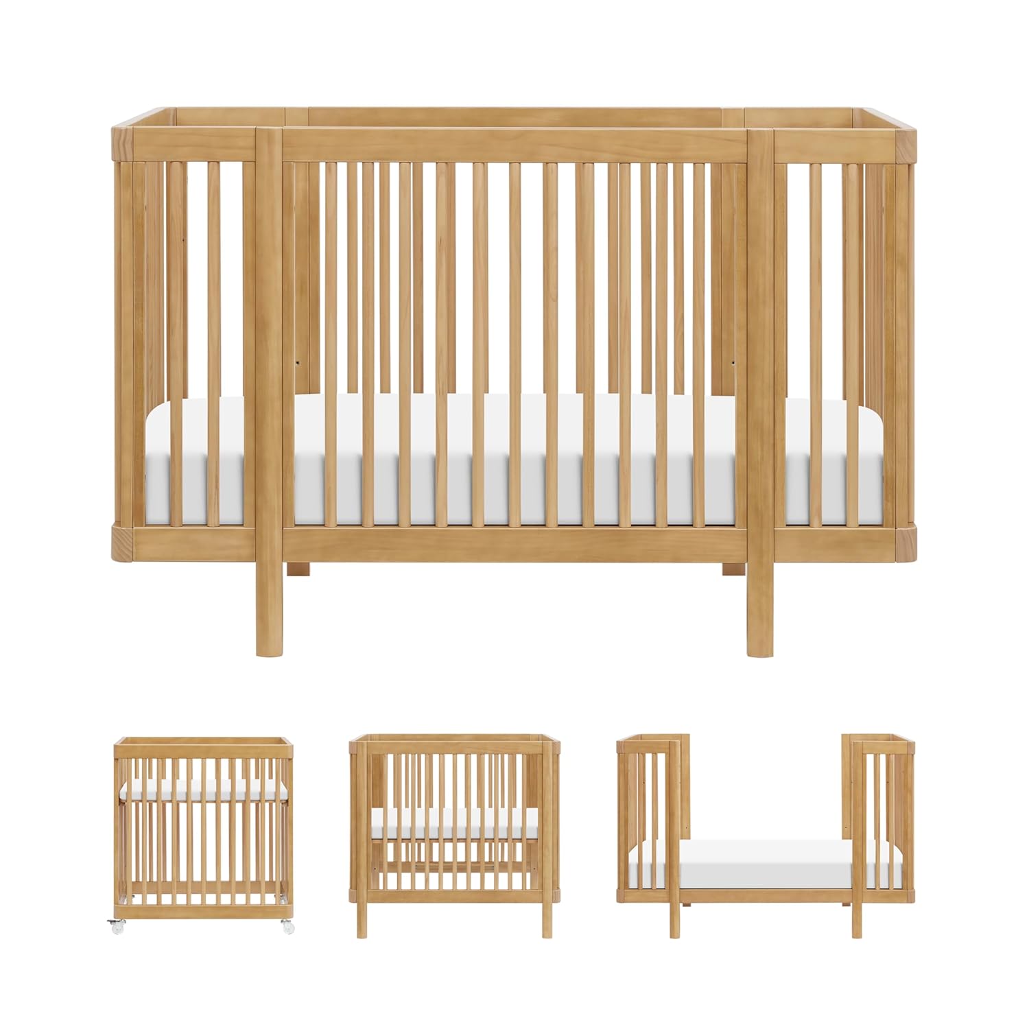 Babyletto Pogo Convertible All-Stages® Bassinet, Midi, Full-Size Crib in Honey, Greenguard Gold and FSC Certified, Portable & Adjustable with Conversion Kits and Pads Included