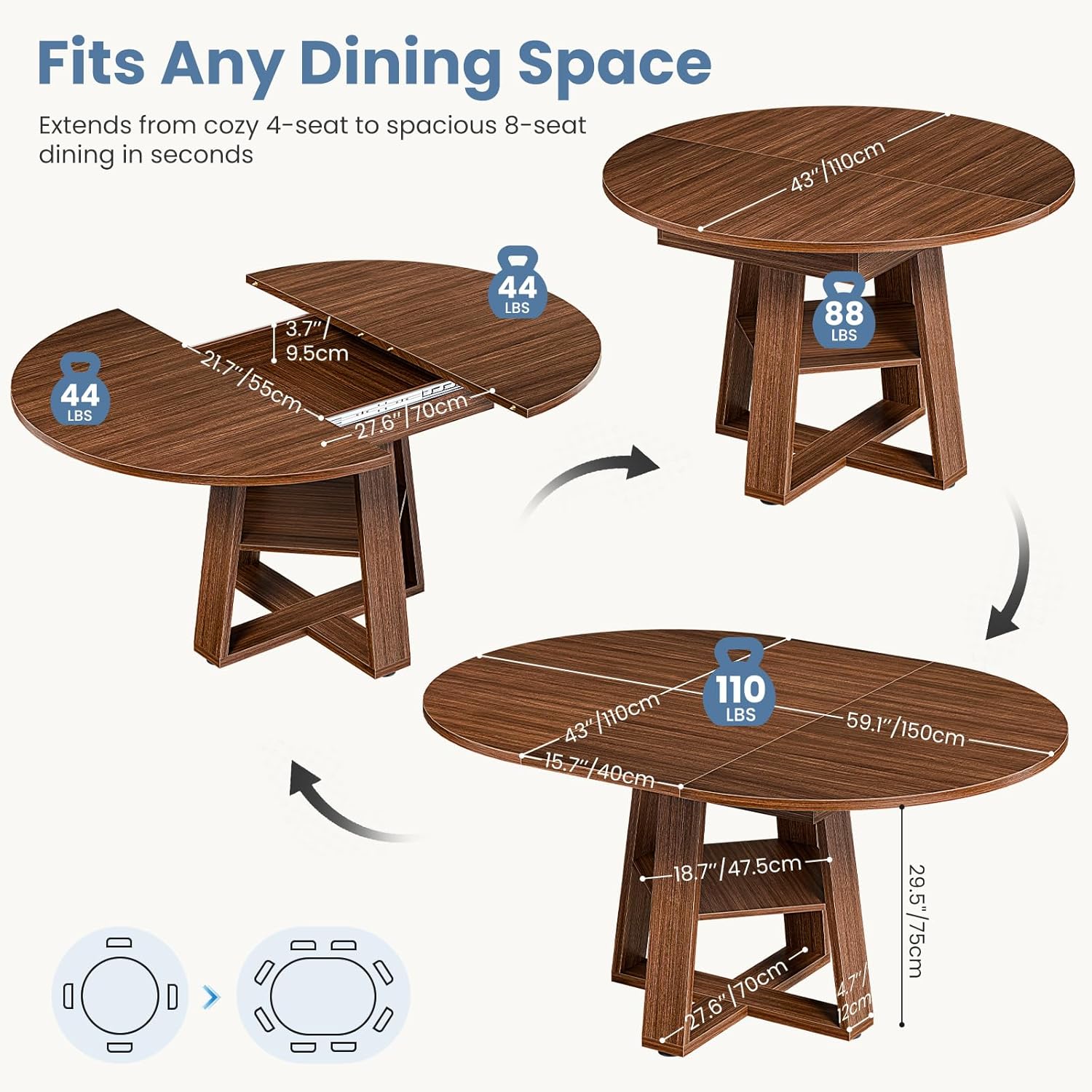 DUMOS Extendable Round Dining Table for 4-8, Modern Kitchen Oval Dinner Table with Storage Shelf, Wood Pedestal Table, Space Saving Modern Style, Brown