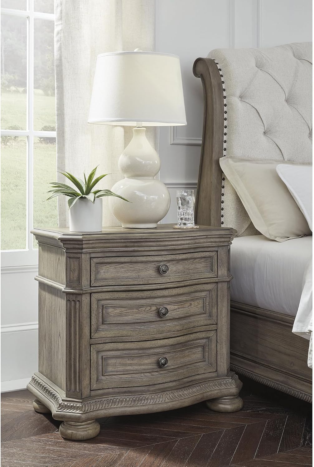 Signature Design by Ashley Ardenfield Modern 3-Drawer Nightstand with Charging Station, USB Port and Storage, Light Brown