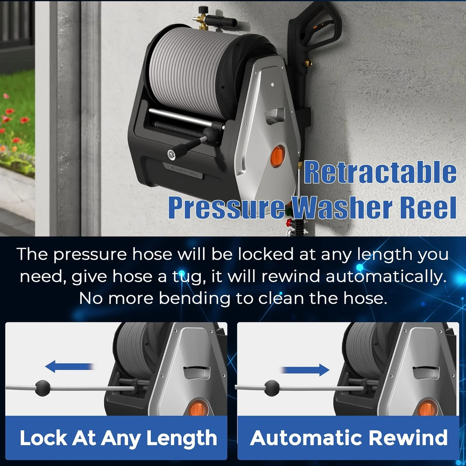 Pressure Washer, Electric Wall Mounted Power Washer with 100FT Retractable Hose, Soap Tank and 4-Nozzle Set, Dark Silver