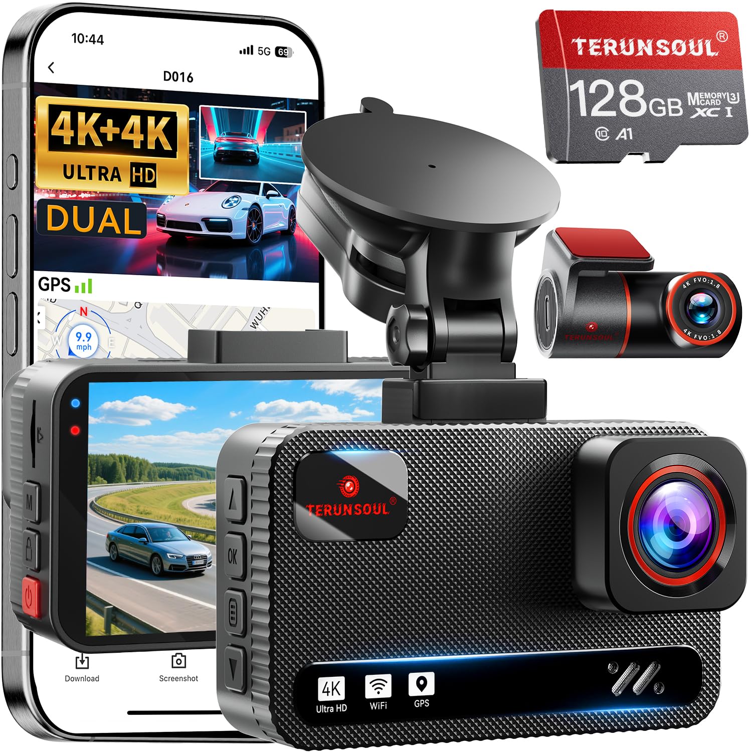 TERUNSOUL 4K Dash Cam Front & Rear with GPS, 128GB Card