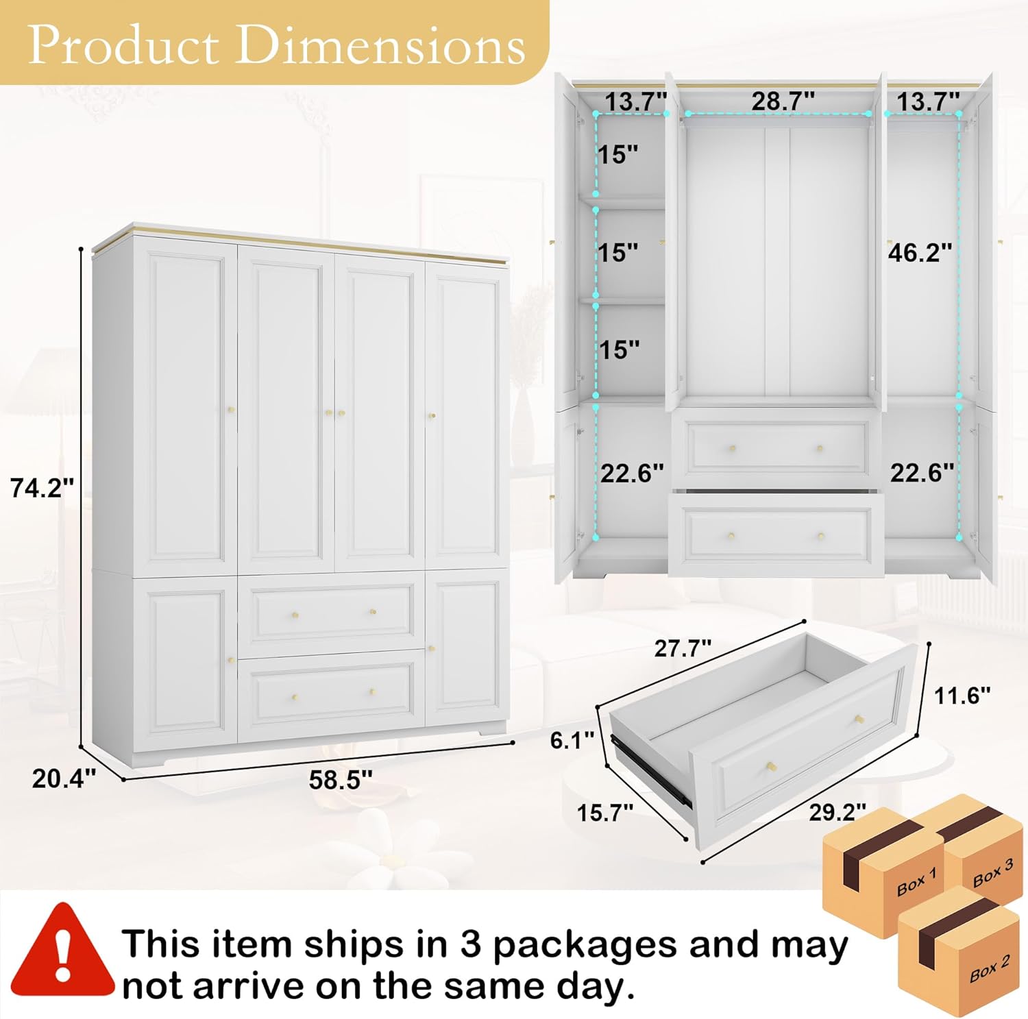 White Wardrobe with 2 Drawers: 74