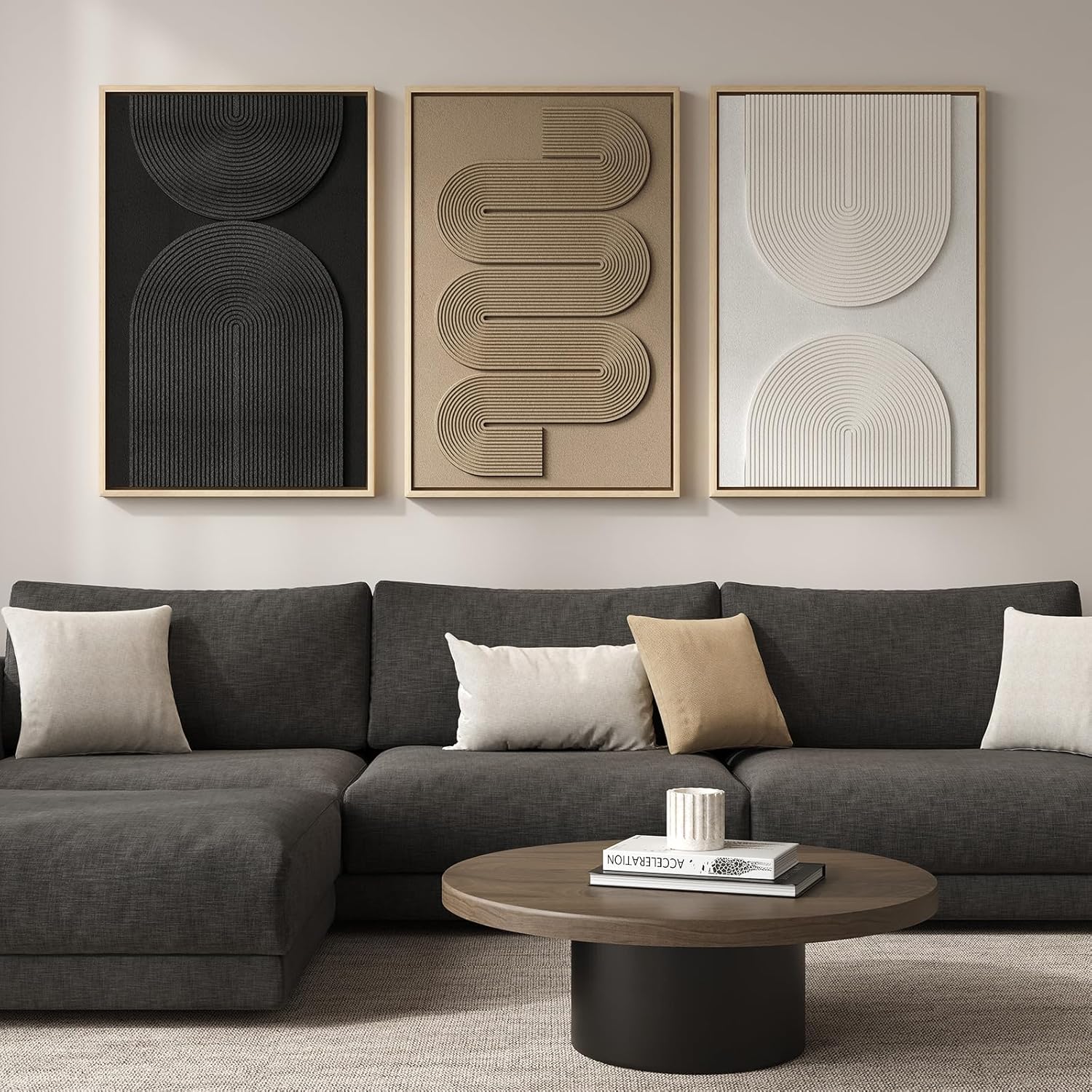 Large 3D Textured Framed Boho Modern Neutral Abstract Wall Art for Living Room, 3 Piece Black White Brown Paintings Artwork for Walls, Geometric Pictures for Office Bedroom Dining Room Decor, 24x36 In