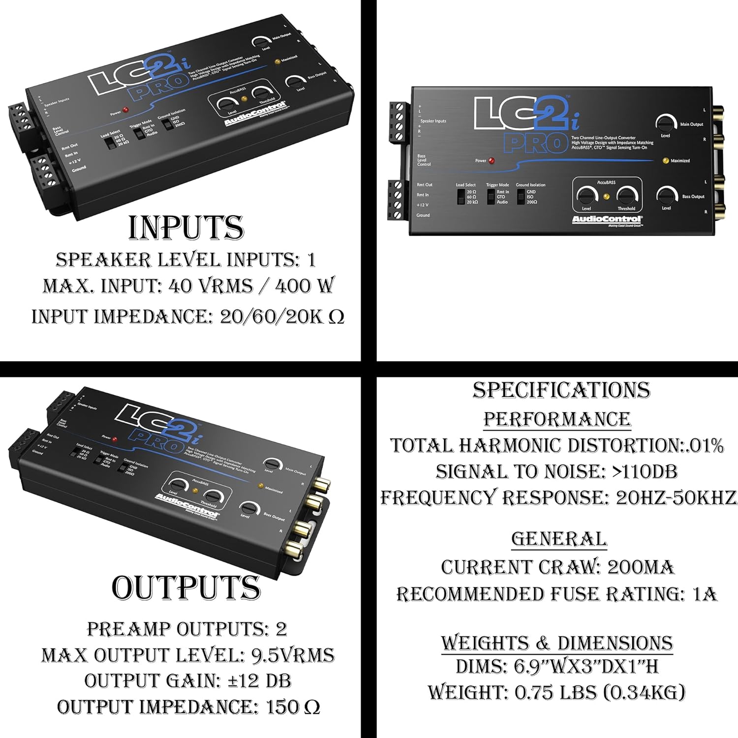 AccuBASS 2-Ch Line Out Converter Kit - LC2iPro Processor and 17ft Oxygen Free RCA Cable