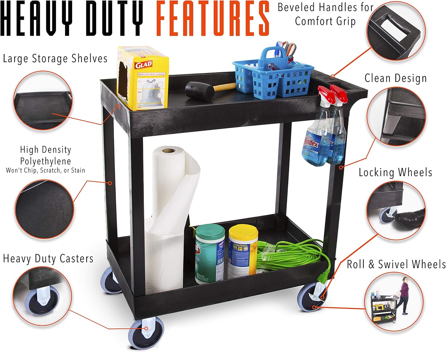 Stand Steady Tubstr 2 Shelf Utility Cart Supports Up to 250 lbs - Heavy-Duty Plastic Service Push Cart with Deep Shelves and 5