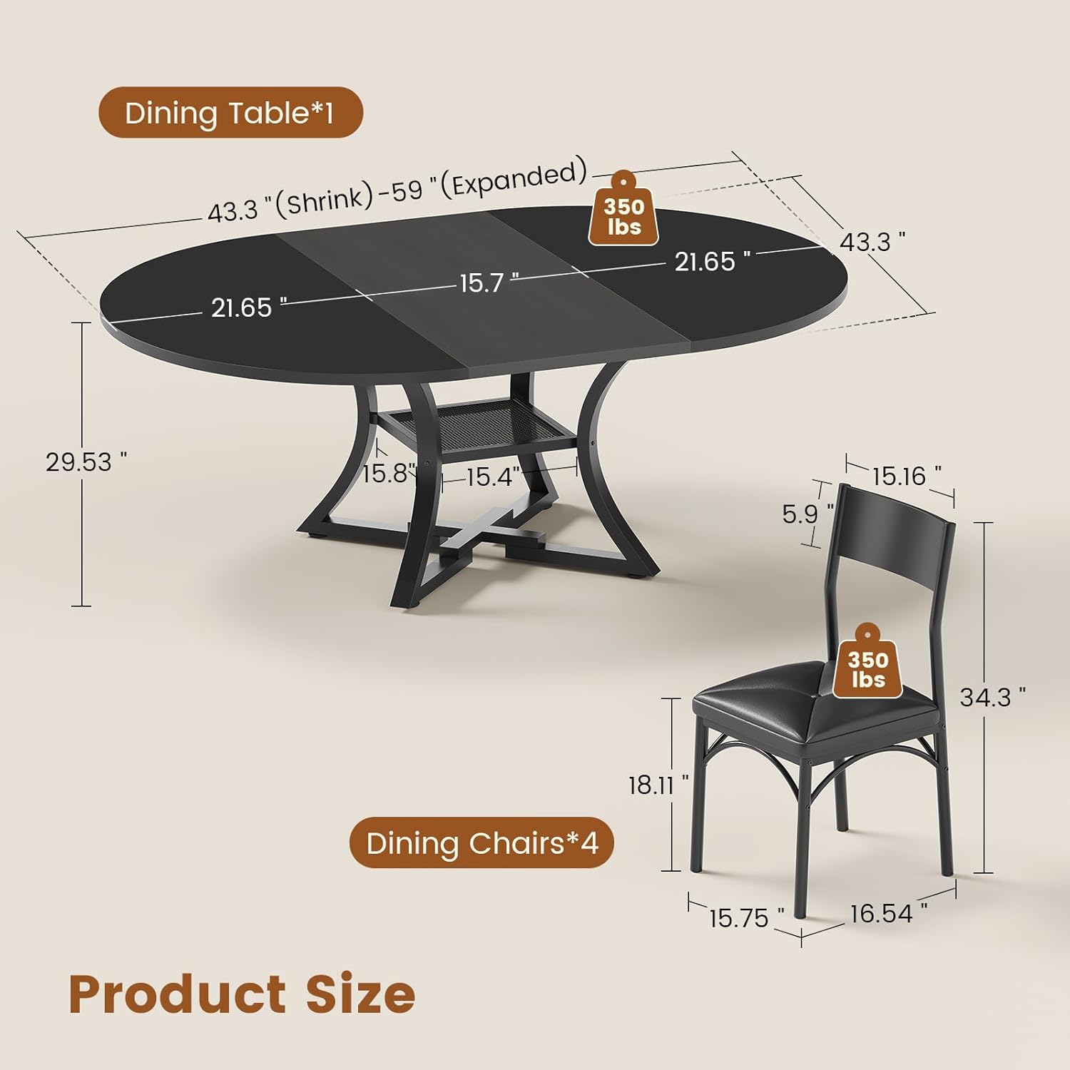 Itaar Round Extendable Dining Table Set for 4-6 People, 5-Piece Kitchen Table Set with 4 Cushion Chairs, Dining Room Table for 6 with MDF Board & Metal Frame for Small Space, Easy Clean, Black