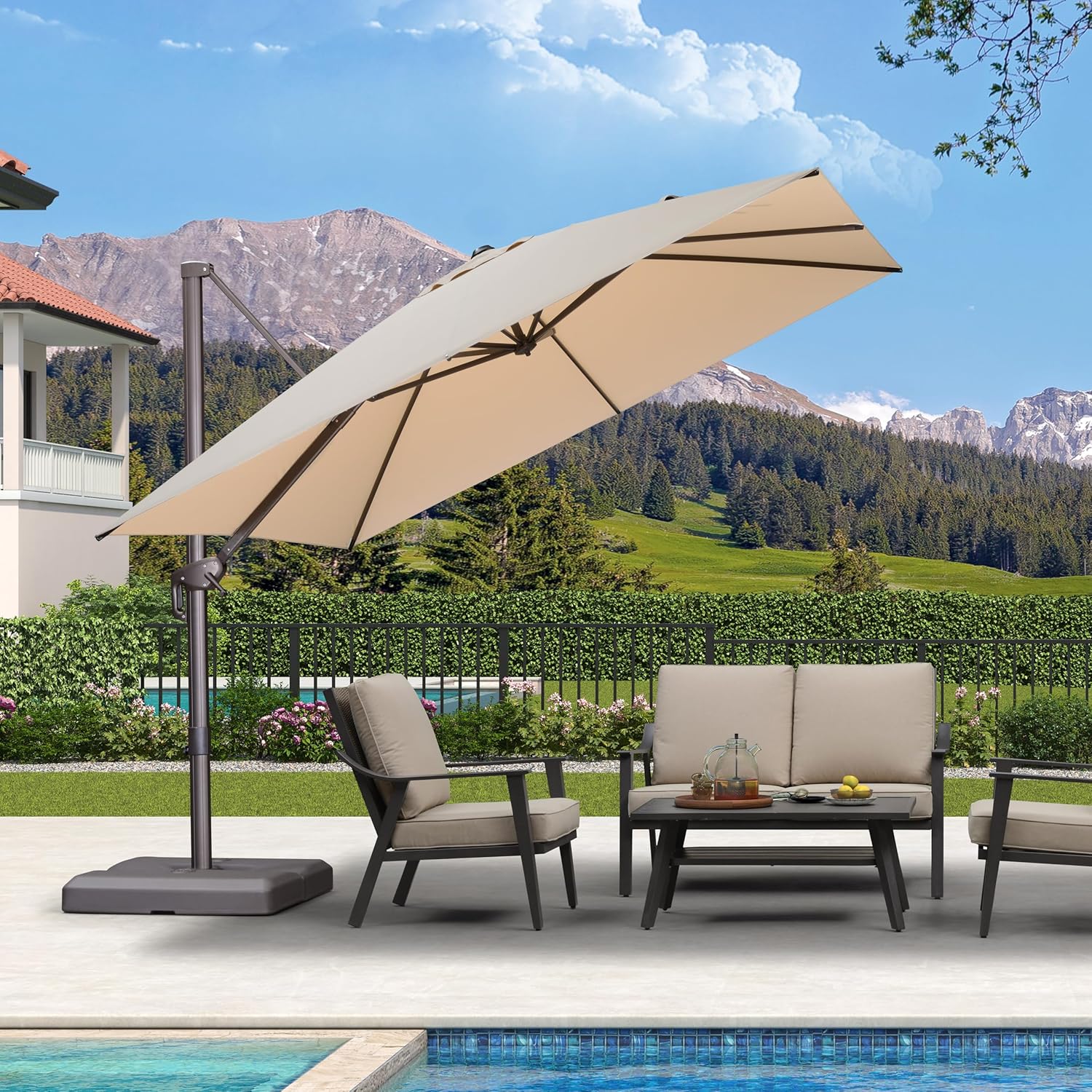 PURPLE LEAF 10' X 10' Patio Cantilever Umbrella Antique Bronze Square Outdoor Umbrella with 360° Rotation and Aluminum Offset Hanging for Garden Backyard Pool, Beige