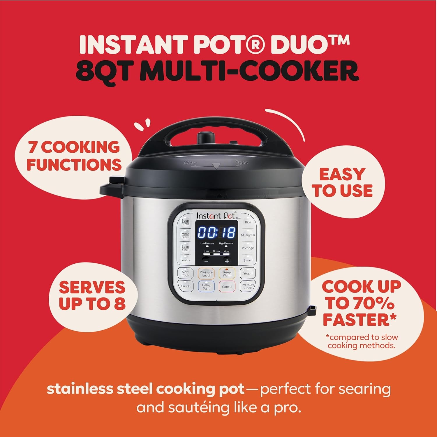 Instant Pot Duo 7-in-1 Electric Pressure Cooker, Slow Cooker, Rice Cooker, Steamer, Sauté, Yogurt Maker, Warmer & Sterilizer, Includes App with Over 800 Recipes, Stainless Steel, 8 Quart