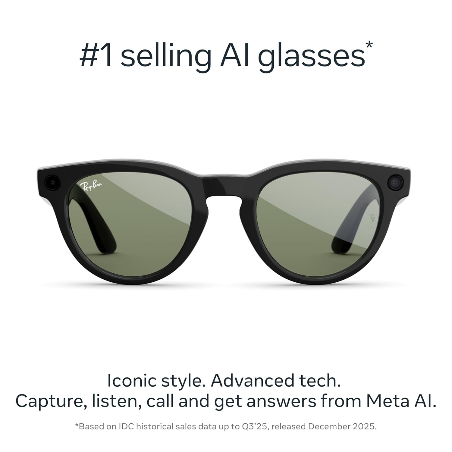 Ray-Ban Meta (Gen 2), Headliner, Shiny Black | Smart AI Glasses for Men, Women — 2x Battery Life — 3K Ultra HD Resolution — 12 MP Ultra-Wide Camera, Audio, Video — Green Lenses — Wearable Technology