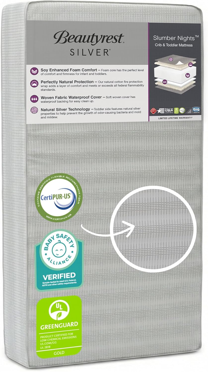Beautyrest Silver Slumber Nights Dual Sided 2-Stage Crib Mattress and Toddler Mattress - GREENGUARD Gold – Waterproof - Plant Based Soy Foam Core, Grey