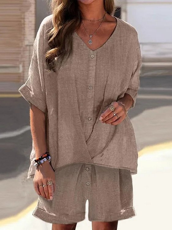 Casual V Neck Loose Plain Two-Piece Set