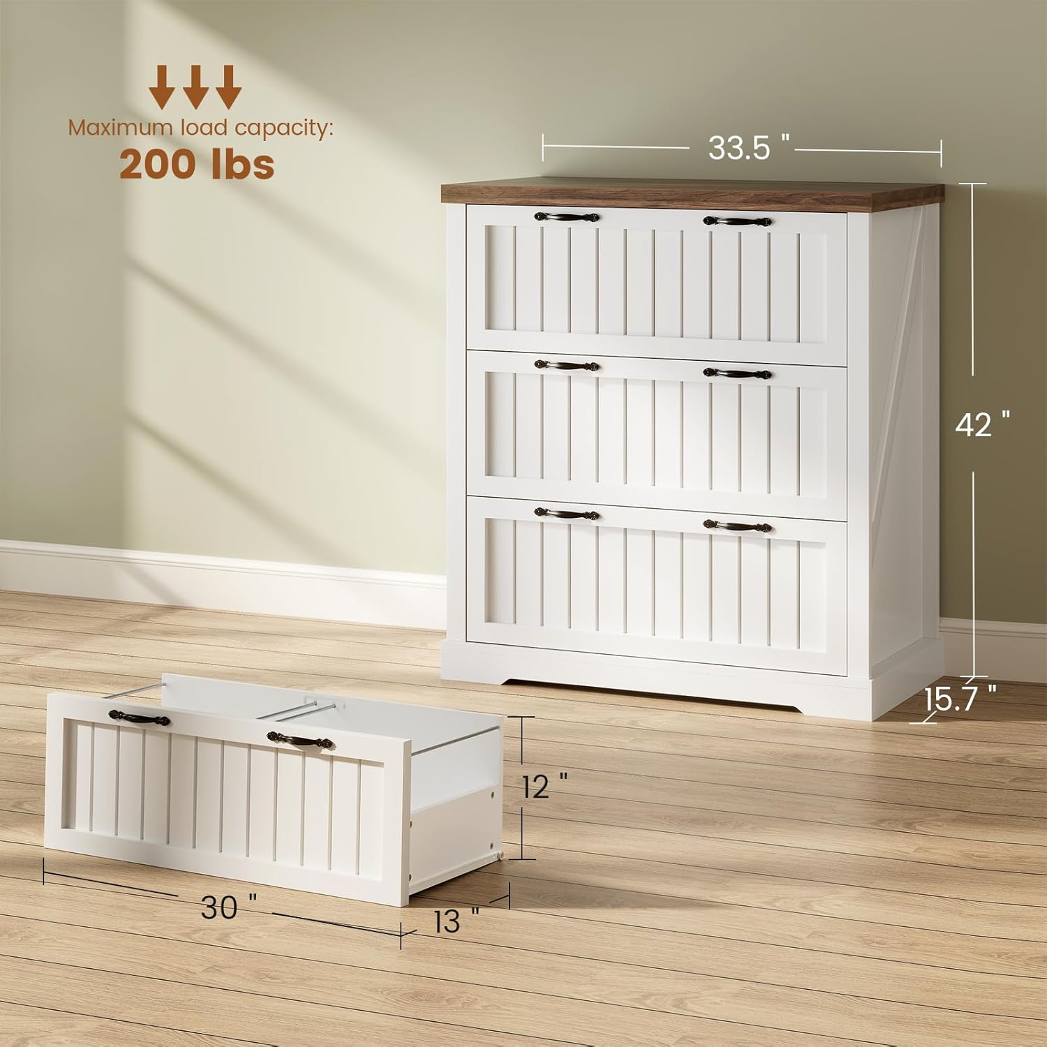 SEDETA 3 Drawer File Cabinet, Farmhouse Filing Cabinet for Home Office, Wood Office File Cabinets for Letter/Legal/A4 Size, Lateral File Cabinets with Printer Stand, White + Brown