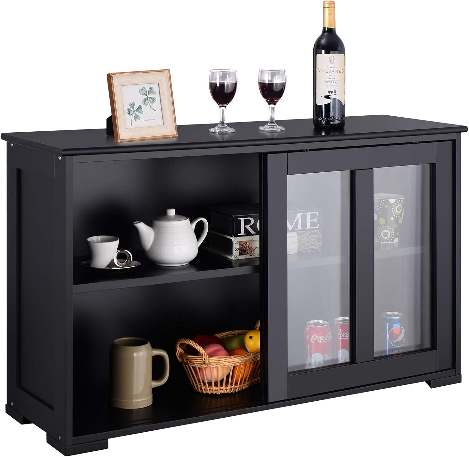 Giantex Buffet Sideboard, Wood Credenza with Sliding Doors, Storage Cabinet with Adjustable Shelf, Modern Console Table, Kitchen Cupboard, Buffet Pantry, Living Room Dining Room Furniture (Black)