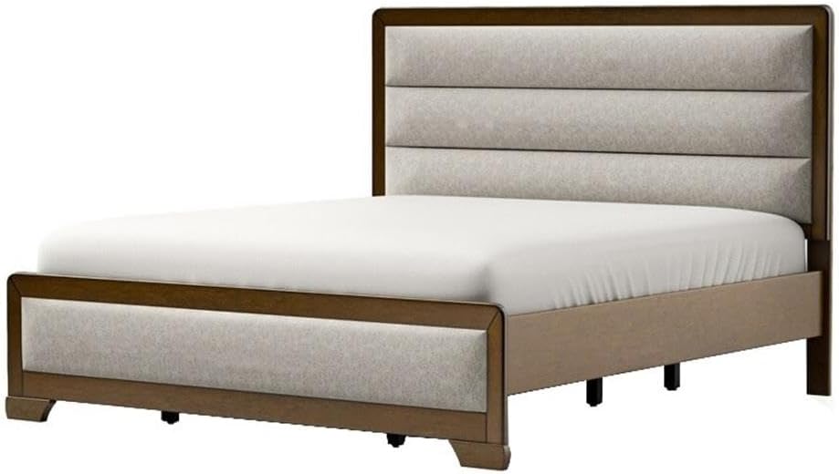 Pemberly Row Queen Bed with Channel Tufted Headboard, Light Gray Upholstered Fabric, Solid Wood Frame in Warm Brown, Sturdy Bracketed Legs, Includes Headboard, Footboard, Side Rails, Transitional