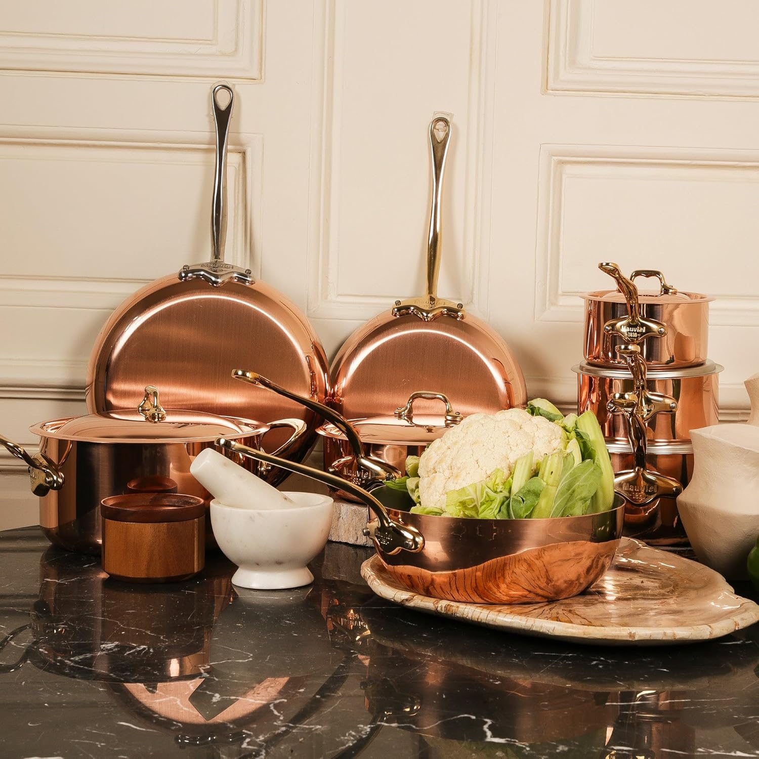 Mauviel M'Heritage 150 B 1.5mm Polished Copper & Tin Inside Bain Marie Double Boiler With Porcelain, Lid & Brass Handles, 1.8-Qt, Made In France