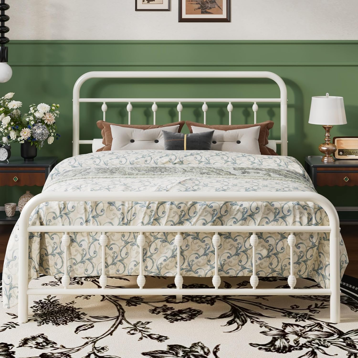 SHA CERLIN Queen Size Metal Platform Bed Frame with Victorian Style Iron-Art Headboard and Footboard, Easy Assembly, Under Bed Storage, No Box Spring Required, Off White