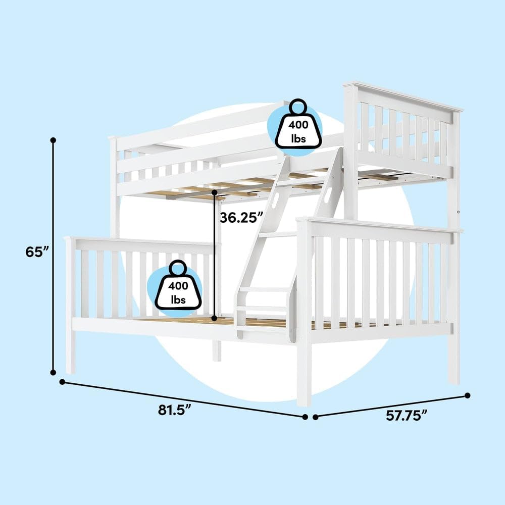 Max & Lily Bunk Bed Twin Over Full Size with Ladder, Solid Wood Platform Bed Frame with Ladder for Kids, 14