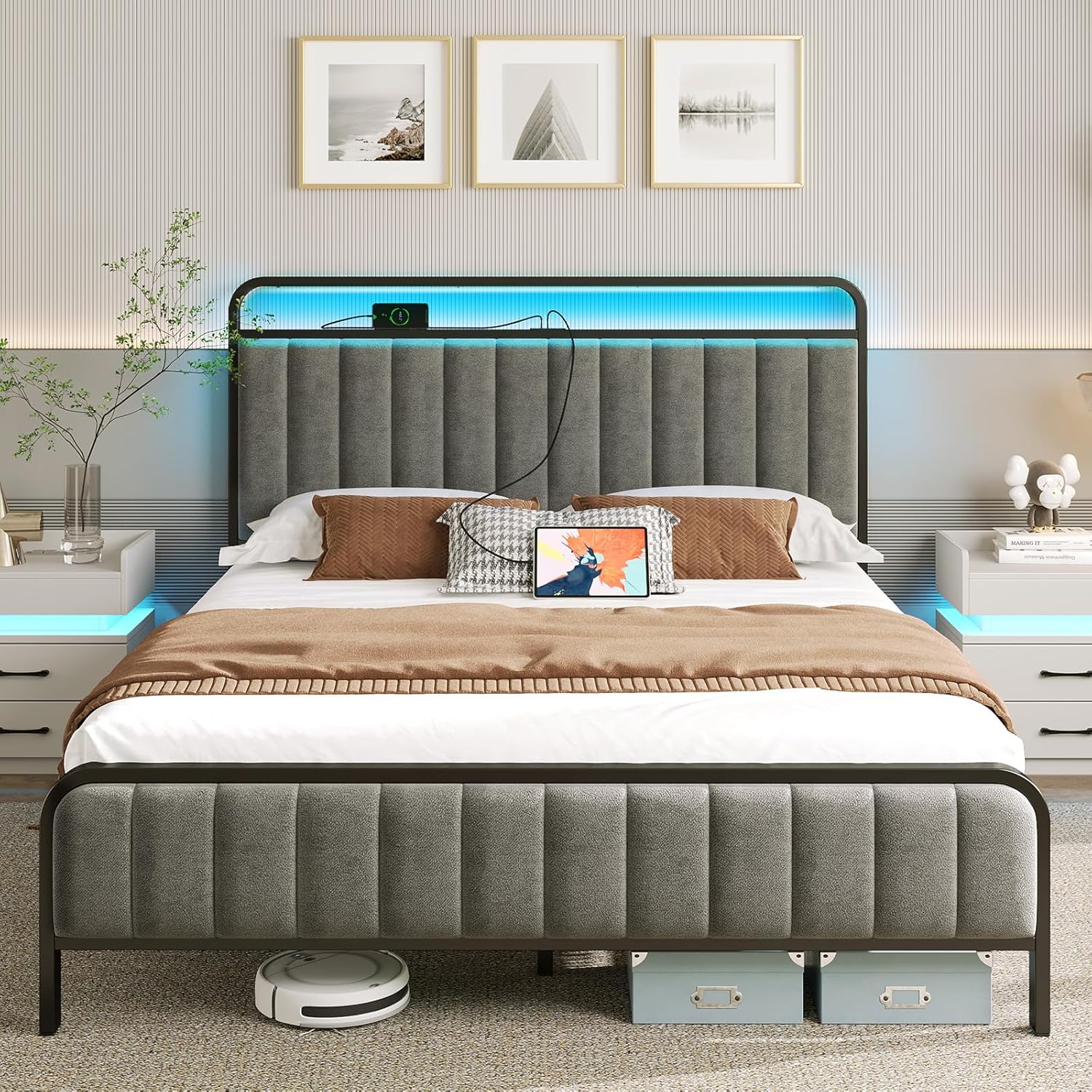 Rolanstar Queen Size Bed Frame with LED Light and Charging Station, Upholstered Headboard and Footboard, Metal Slat, Noise Free, Easy Assembly, Dark Gray