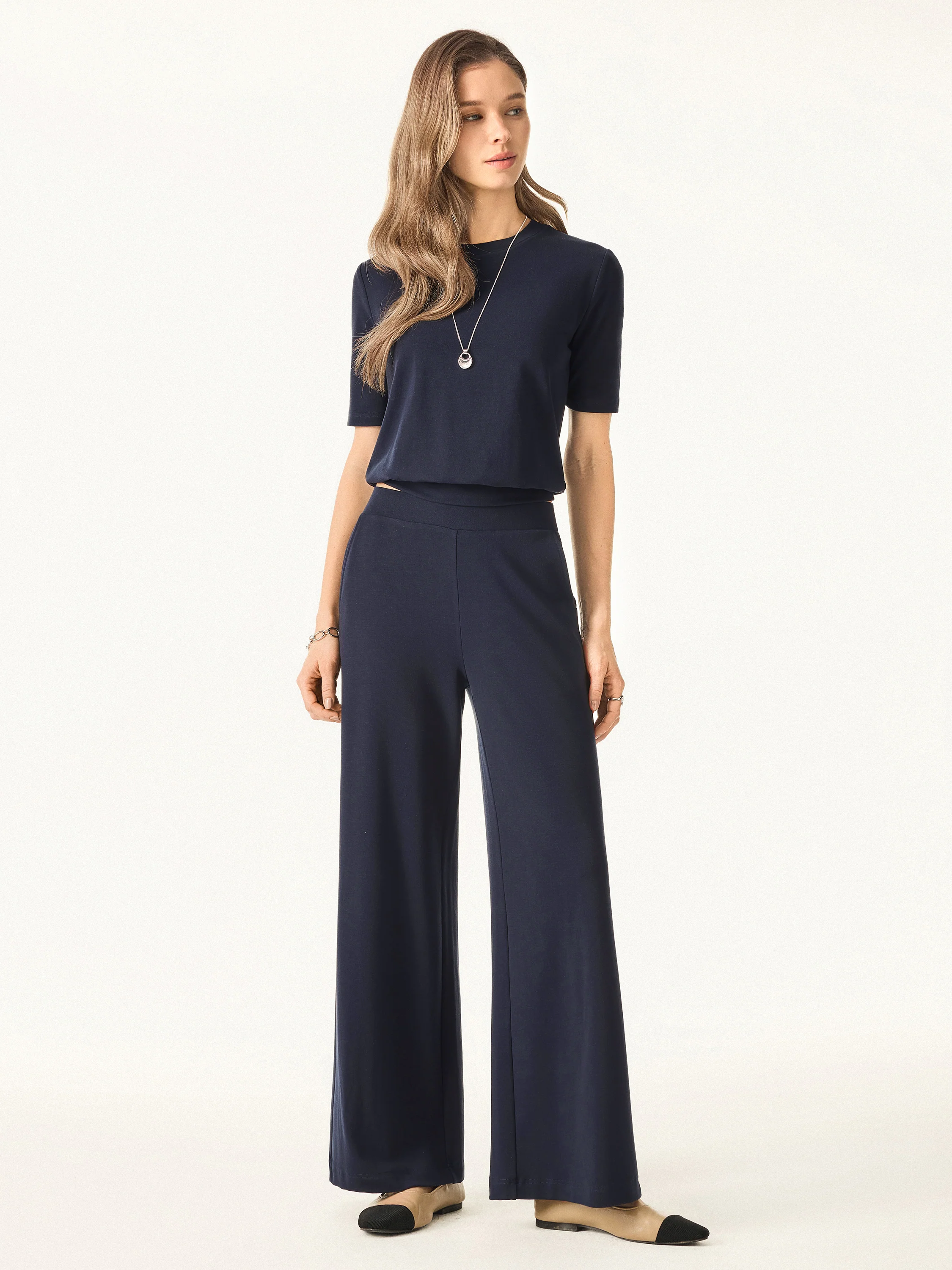 Lyocell Wool Mid Rise Wide Leg Pull-on Pant with Pockets