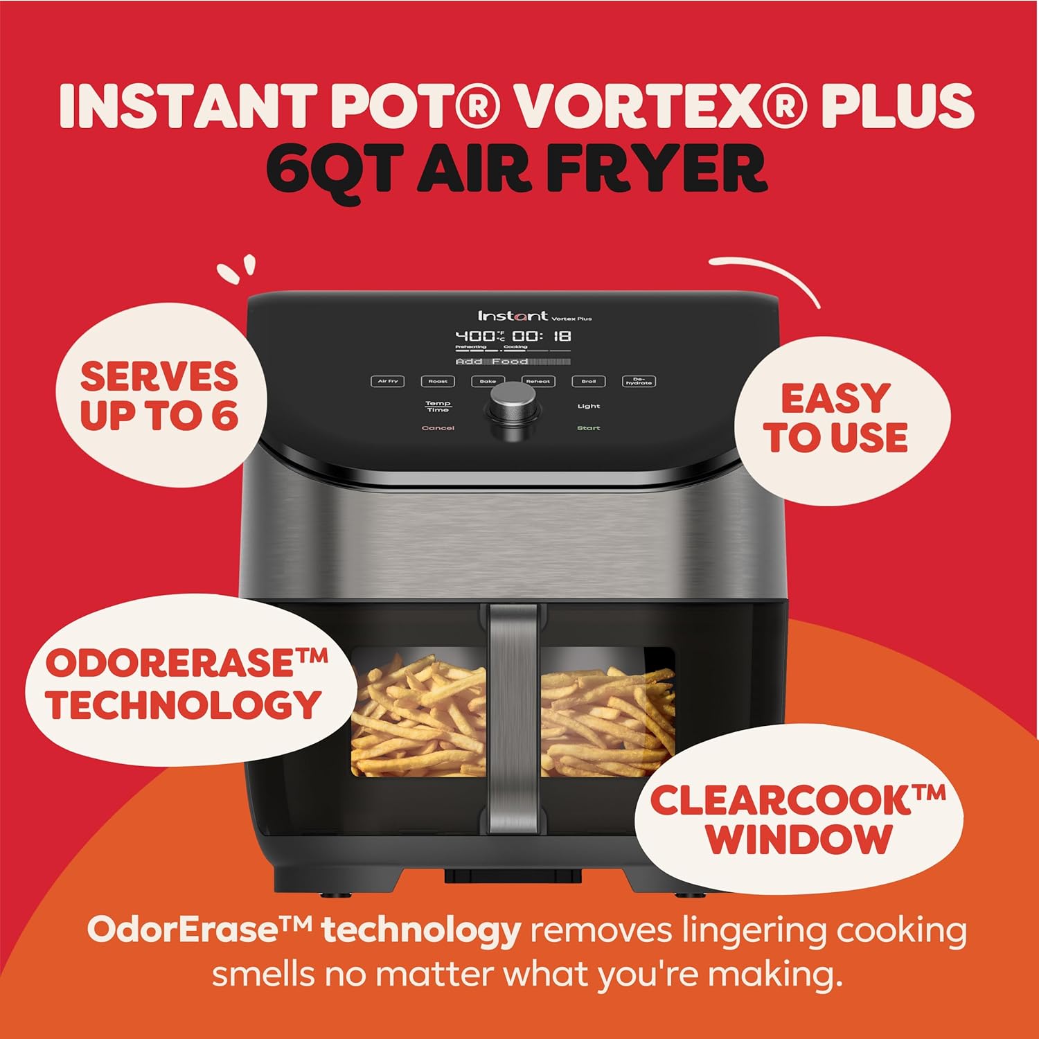 Instant Pot Vortex Plus 6QT Air Fryer with Odor Erase Technology,6-in-1 Functions that Crisps,Roasts, Broils,Dehydrates, Bakes & Reheats, 100+In-App Recipes, from the Makers of Instant Pot,1700W,Black