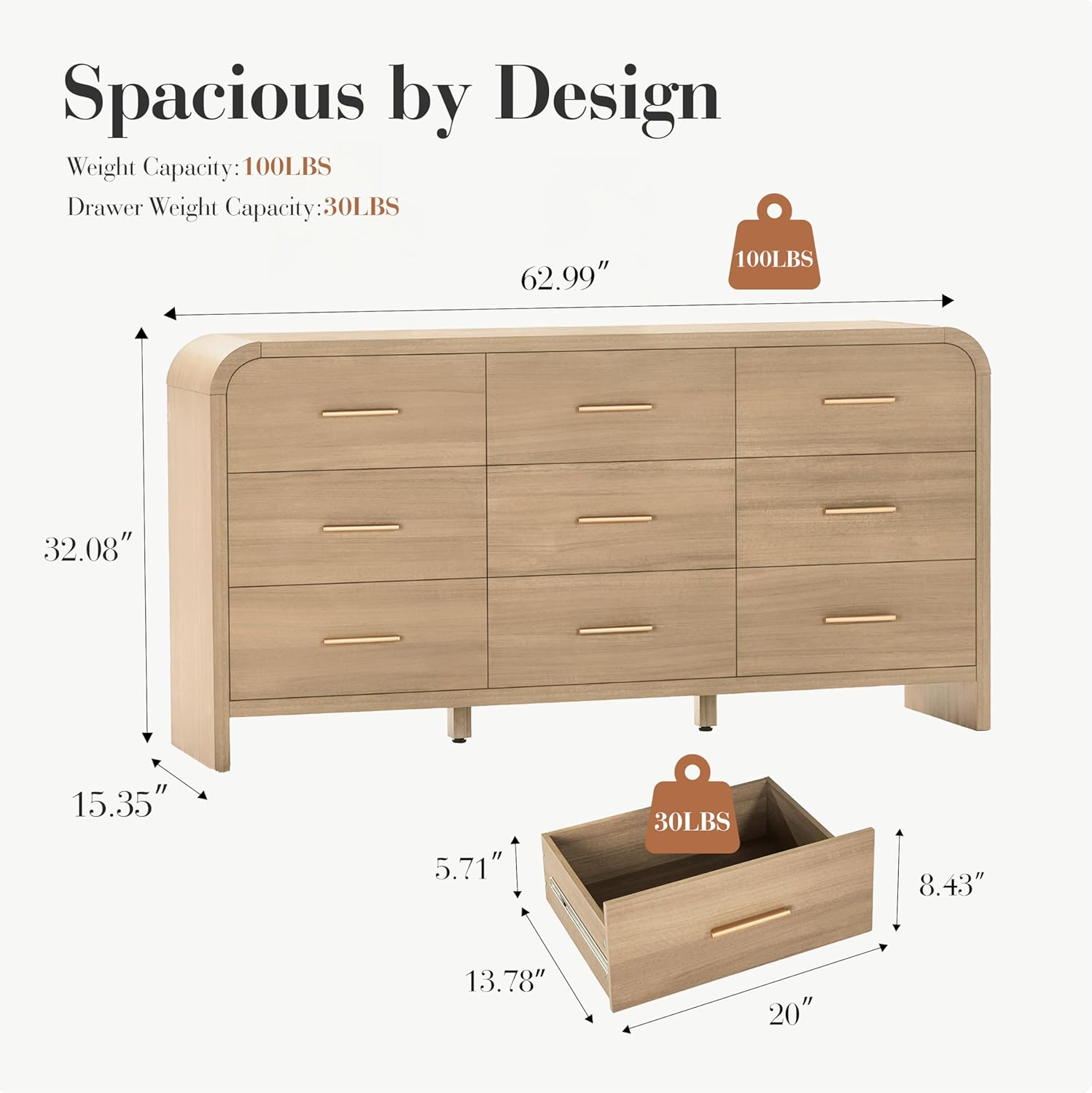 Curved 9-Drawer Dresser for Bedroom, 63