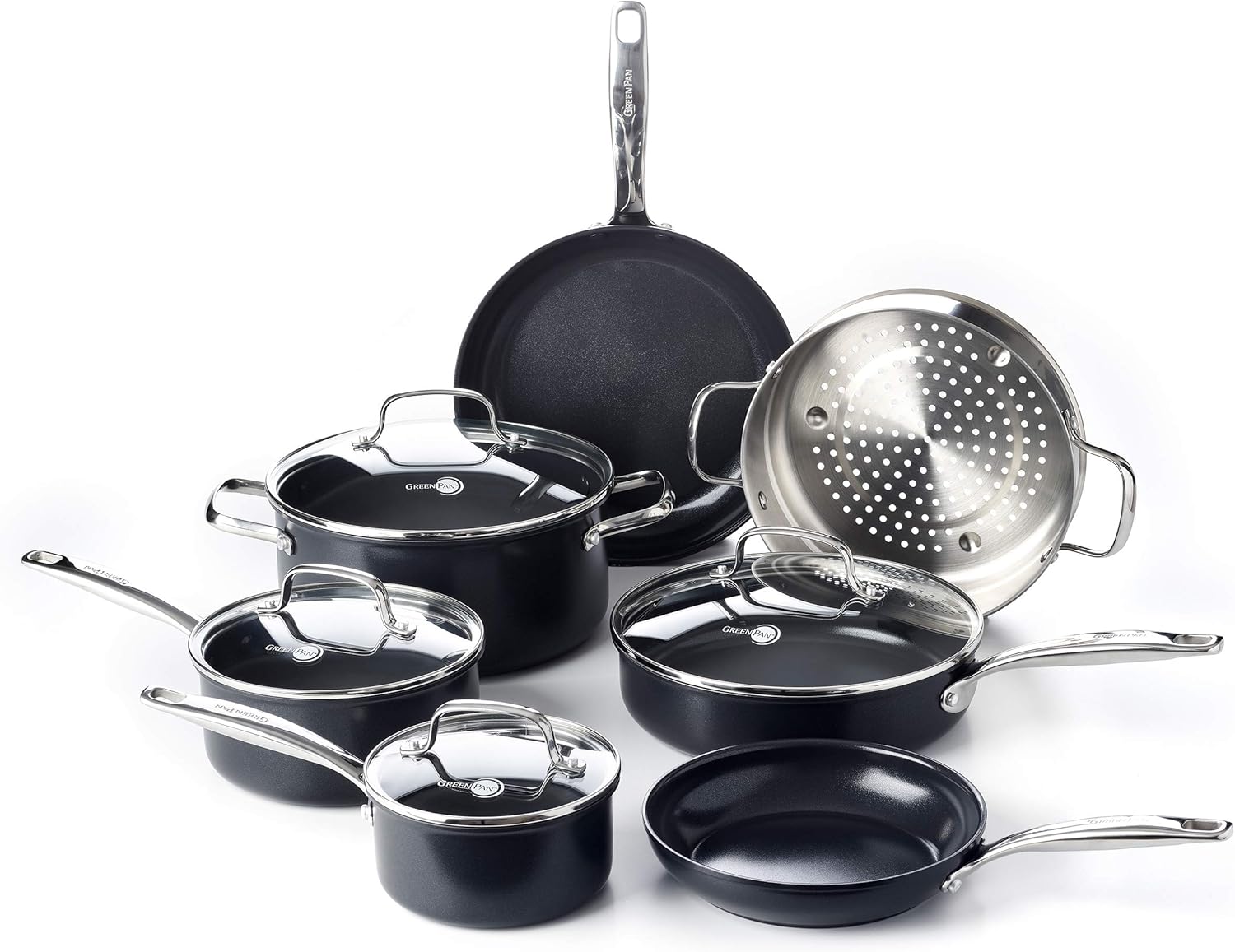 GreenPan Chatham Black Prime Midnight Hard Anodized Healthy Ceramic Nonstick 11 Piece Cookware Pots and Pans Set, PFAS-Free, Dishwasher Safe, Oven Safe, Black