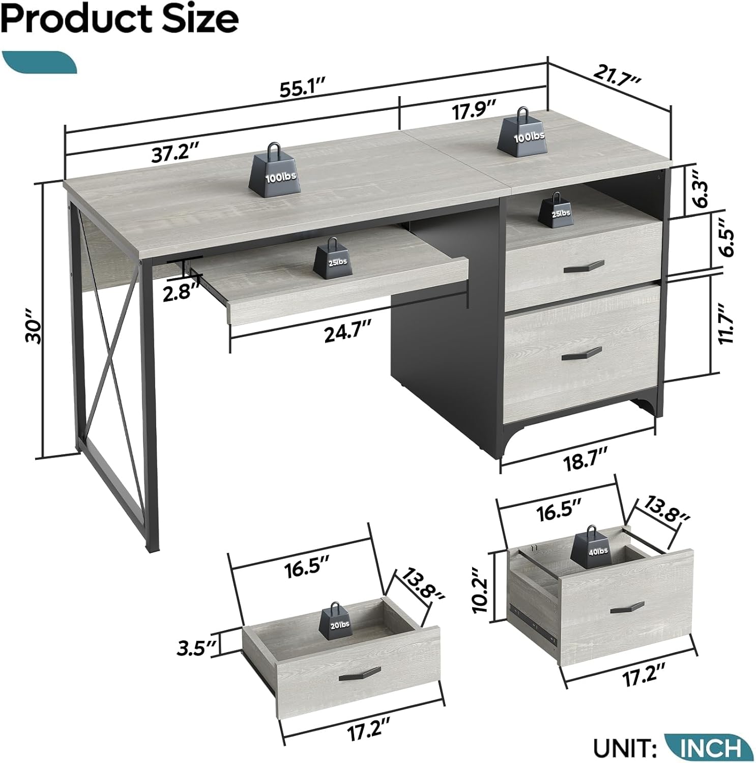 Bestier Office Desk with Drawers, 55 inch Industrial Computer Desk with Storage, Wood Teacher Desk with Keyboard Tray & File Drawer for Home Office, Wash White