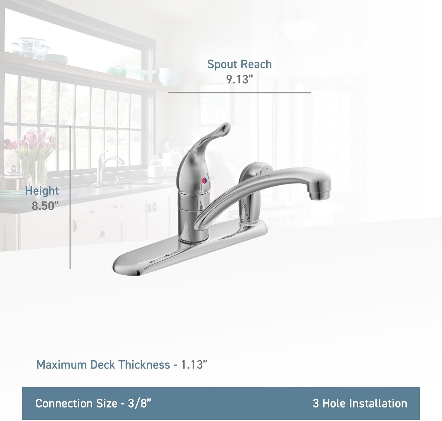 Moen Chateau Chrome One-Handle Low-Arc Kitchen Faucet with Side Sprayer in Deck Plate for 3-Hole Setup, 7434