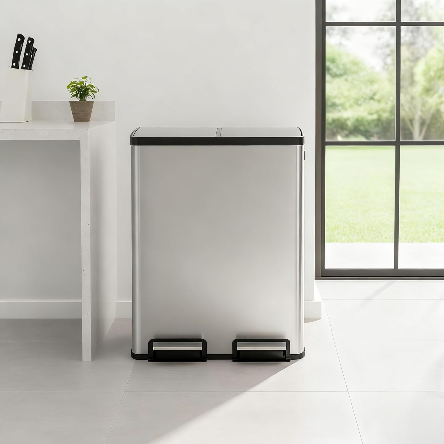 Kitchen Trash Can, 16 Gallon Dual Compartment Garbage Bin with Quiet Close Foot Pedal, Stainless Steel