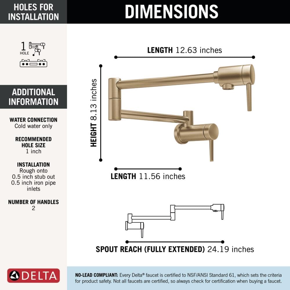 Delta Brushed Gold Modern Pot Filler Kitchen Faucet, Wall Mount Kitchen Faucet, Champagne Bronze 1165LF-CZ