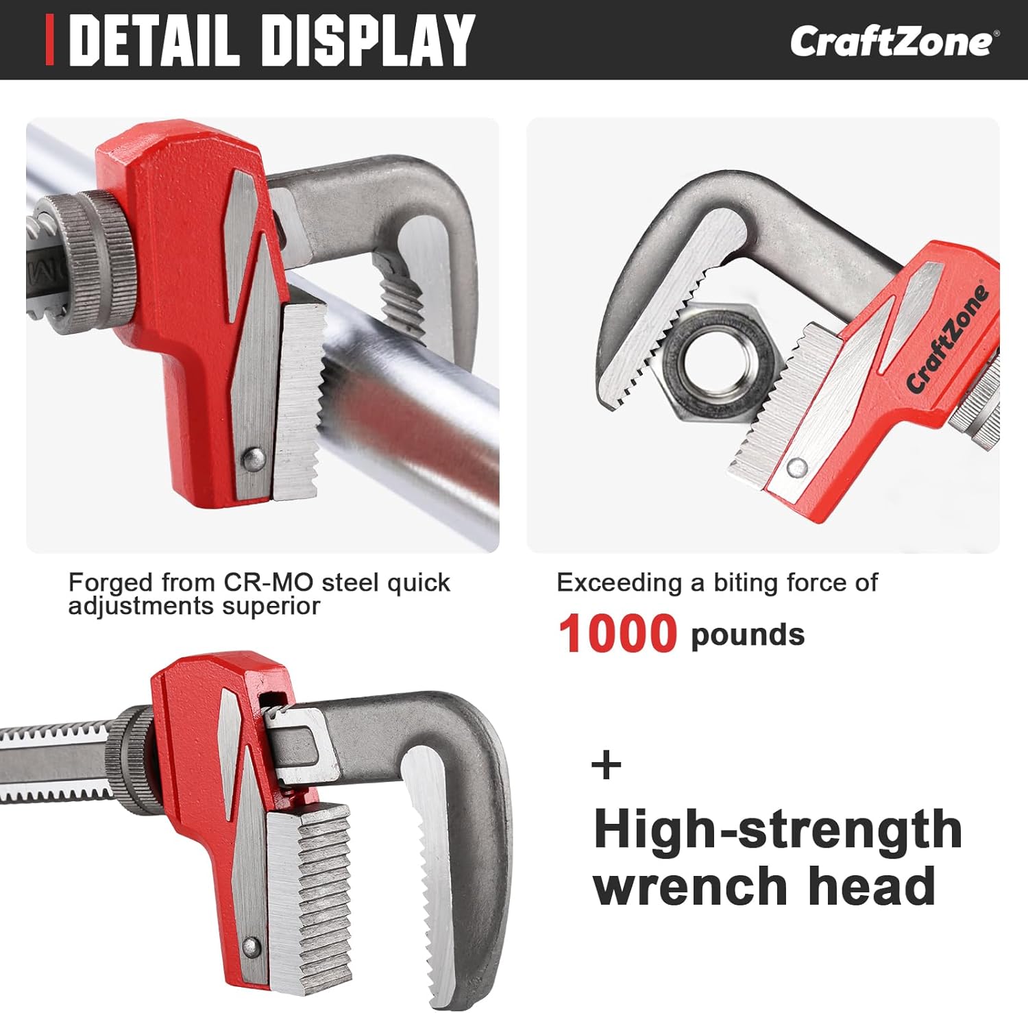 F-Type Pipe Wrench with Adjustable Large Opening Up to 80mm, Heavy Duty Steel Plumbing Tool with Drop Forged Jaw for Pipe Work and Comfortable Use