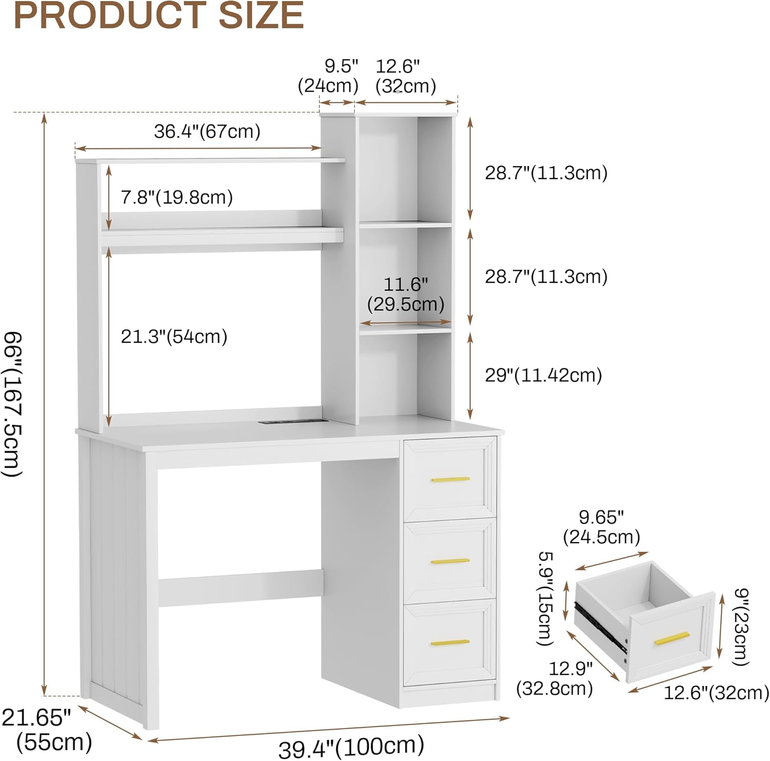 LVSOMT 40” Home Office Desk with Hutch and Drawers, Computer Desk with Power Outlets and LED Light, Study Writing Gaming Table with Storage Shelves, Workstation for Bedroom, White