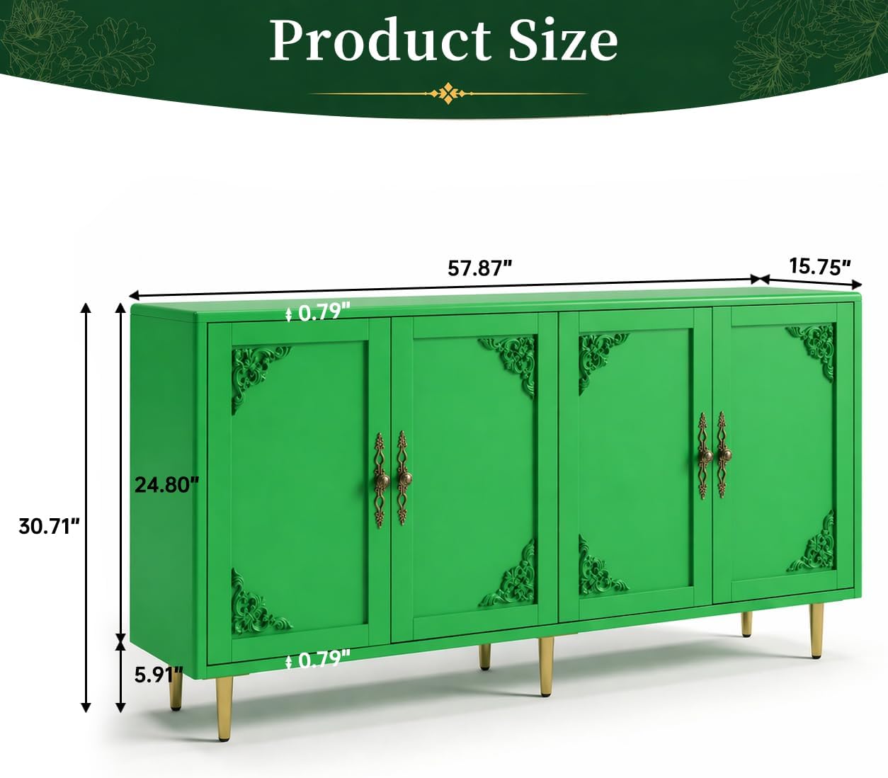 AUN Sage Green Accent Cabinet with Art Deco Carving & Gold Hardware, 58